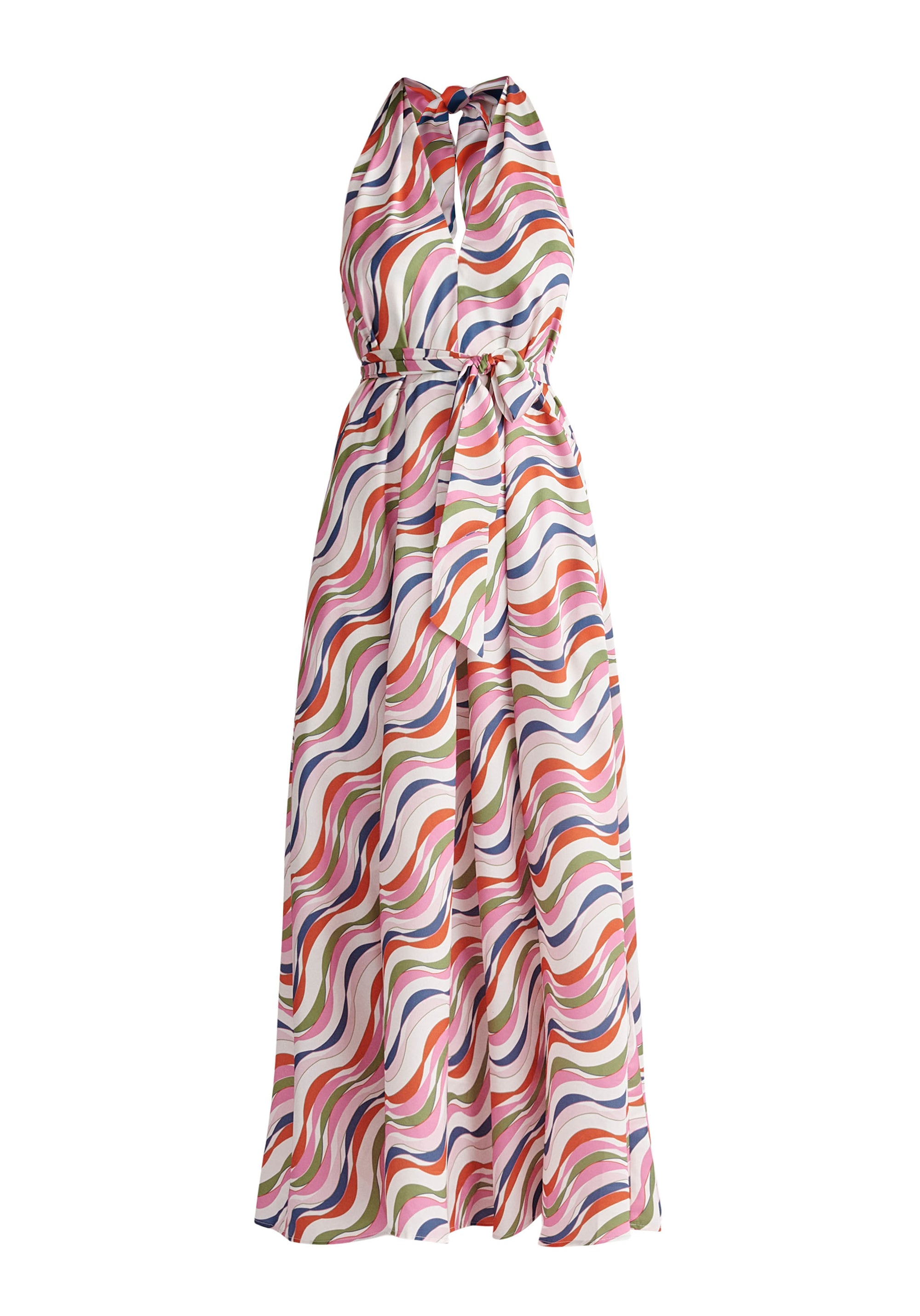 Paisie Wave Print Halterneck Maxi Dress in Pink Cut Out