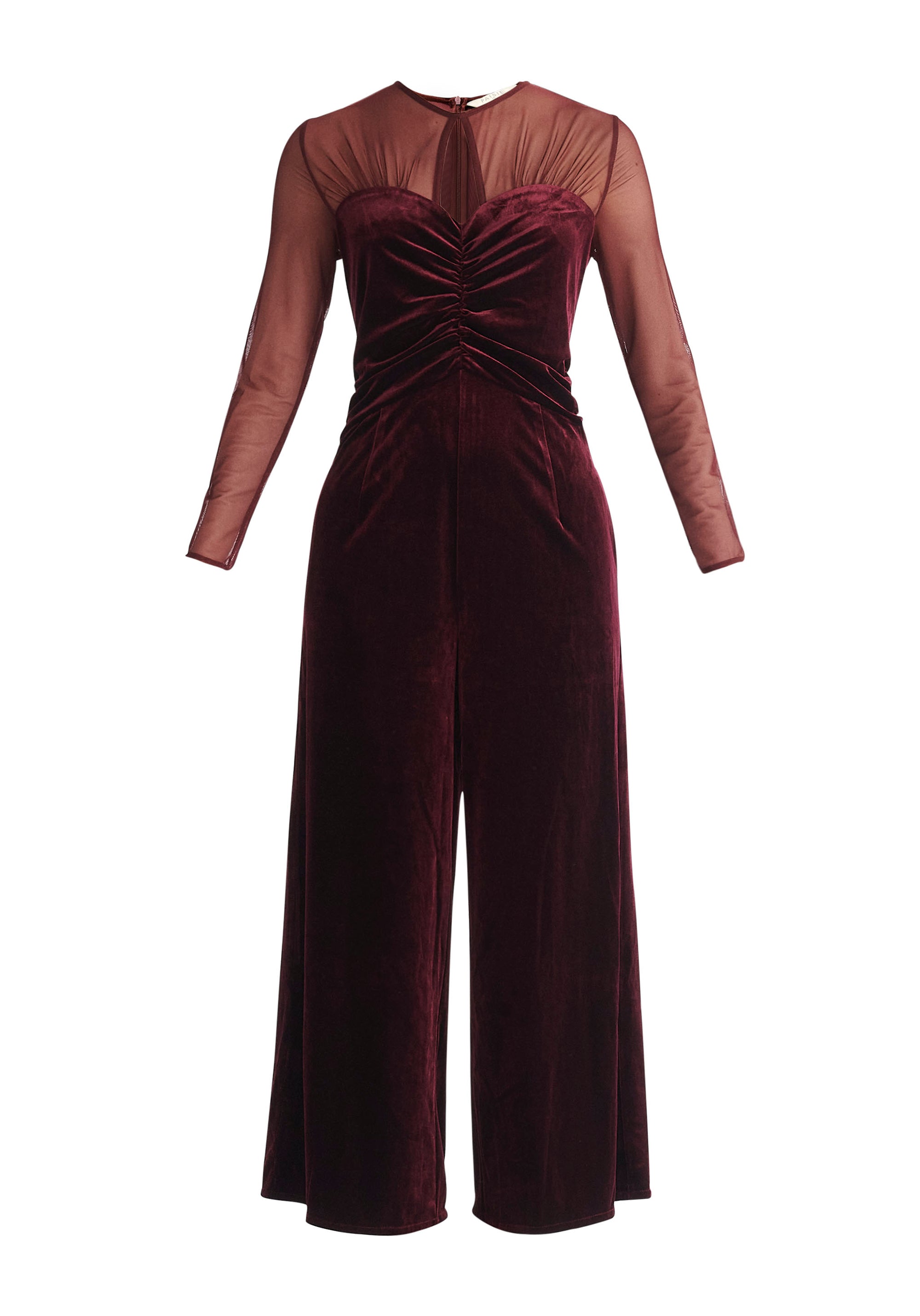 Paisie Sheer Sleeve Velvet Jumpsuit in Purple Cut Out