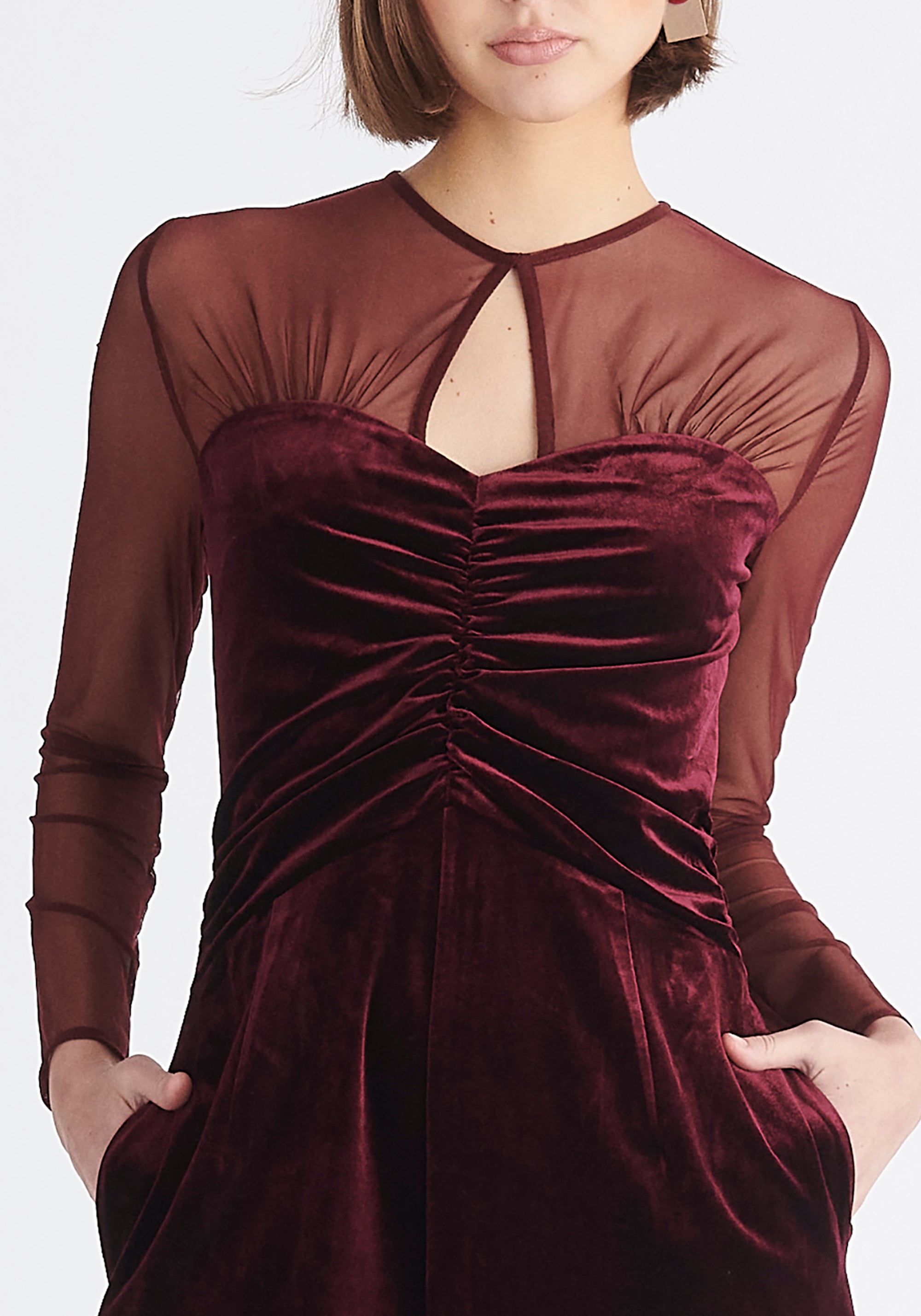 Paisie Sheer Sleeve Velvet Jumpsuit in Purple Close Up