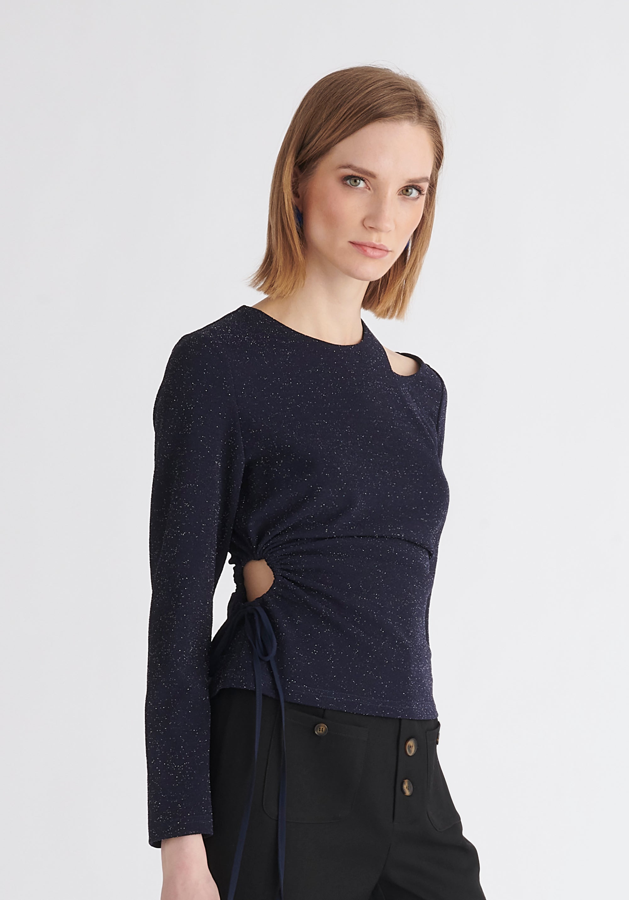 Paisie Sparkly Cut Out Top in Navy