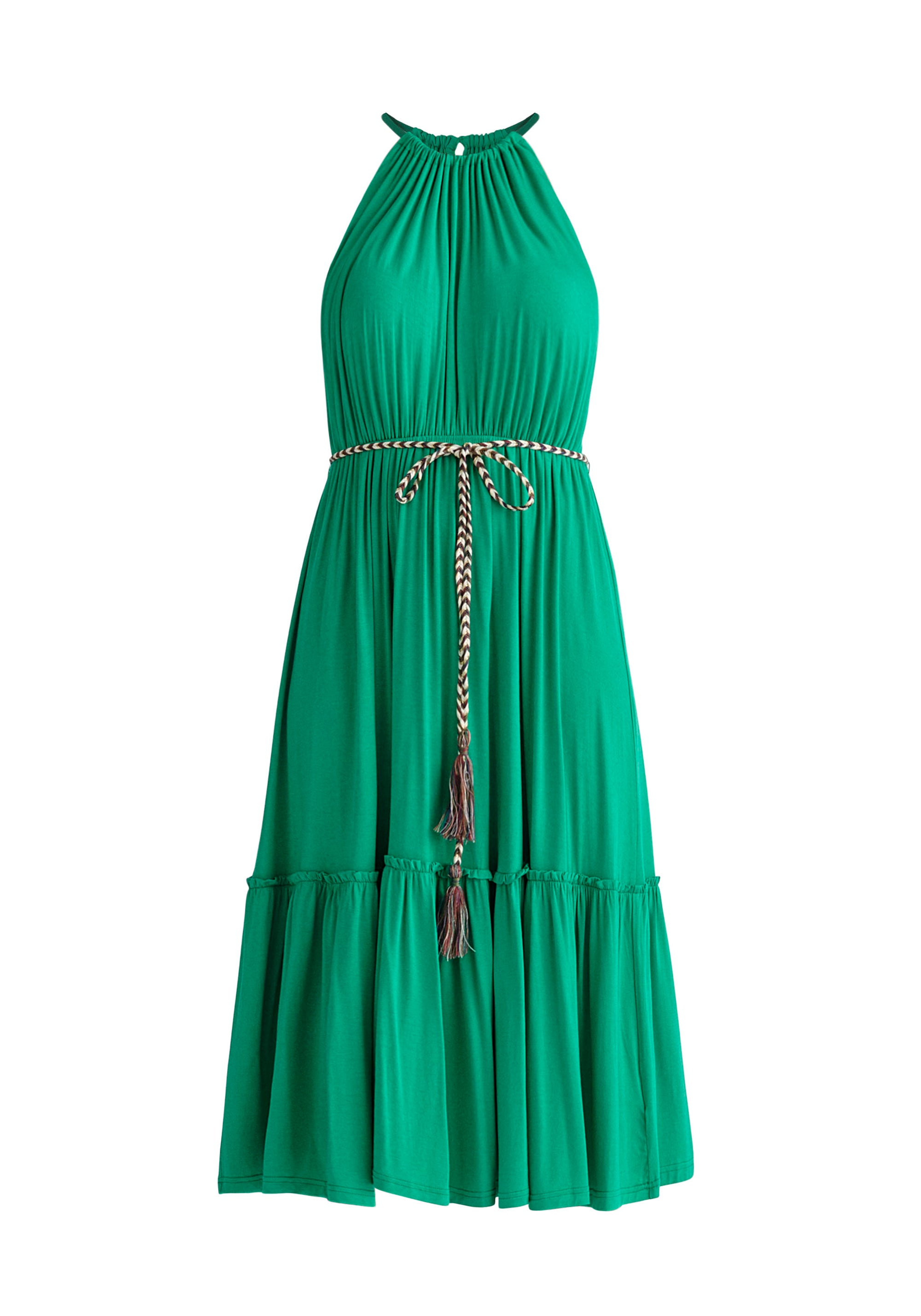 Paisie Tiered Halterneck Jersey Dress in Green Cut Out