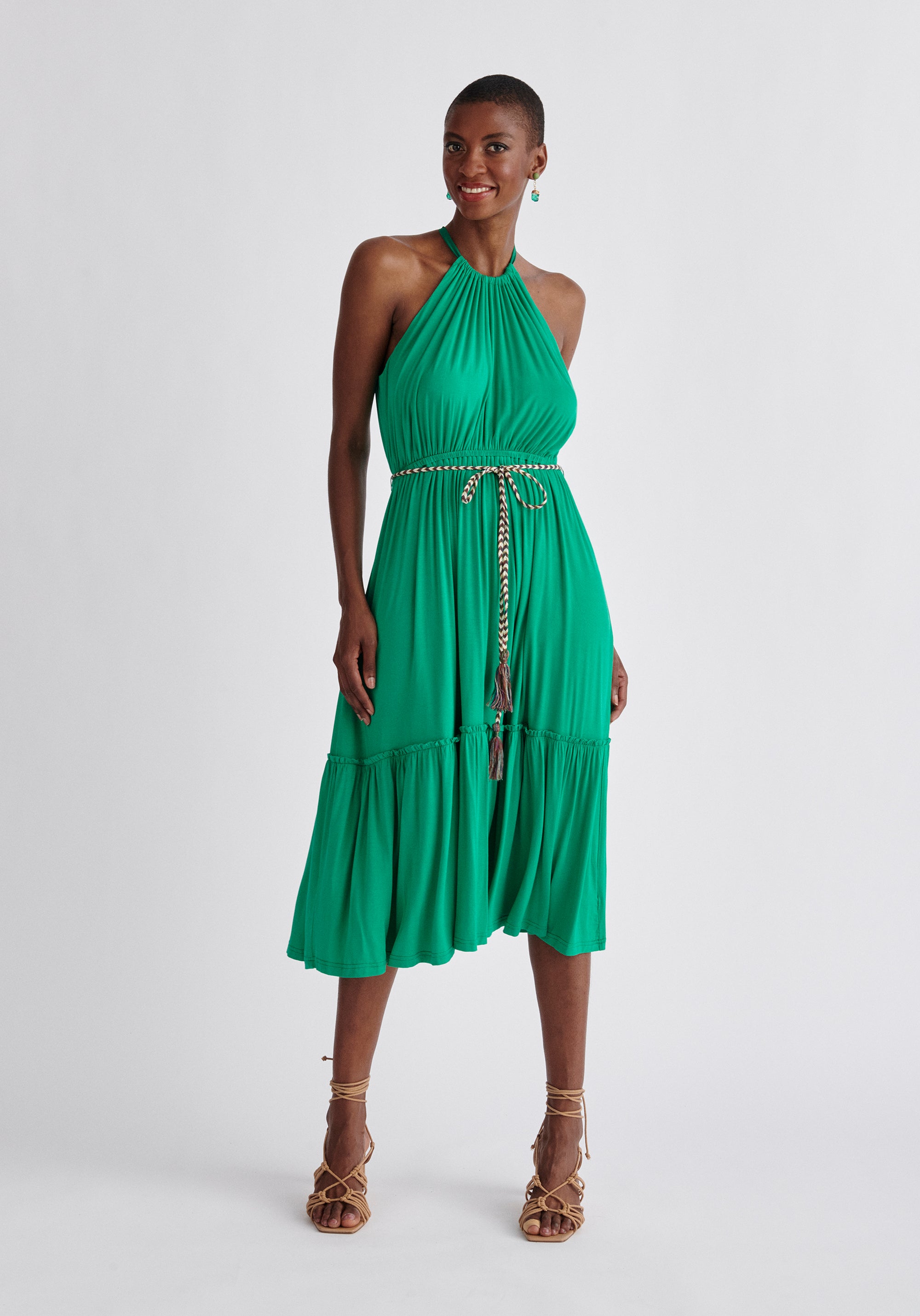 Paisie Tiered Halterneck Jersey Dress in Green