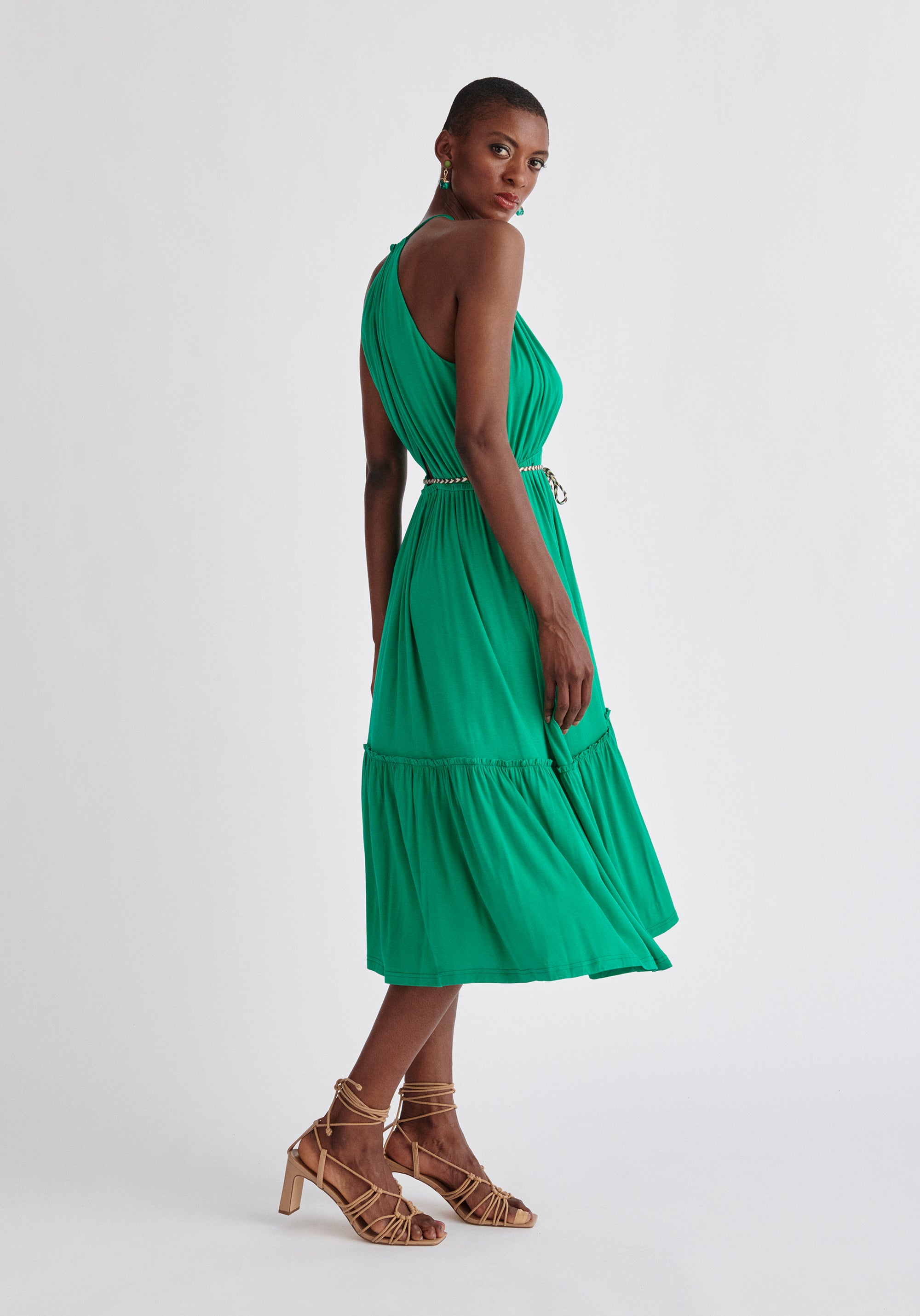 Paisie Tiered Halterneck Jersey Dress in Green Side