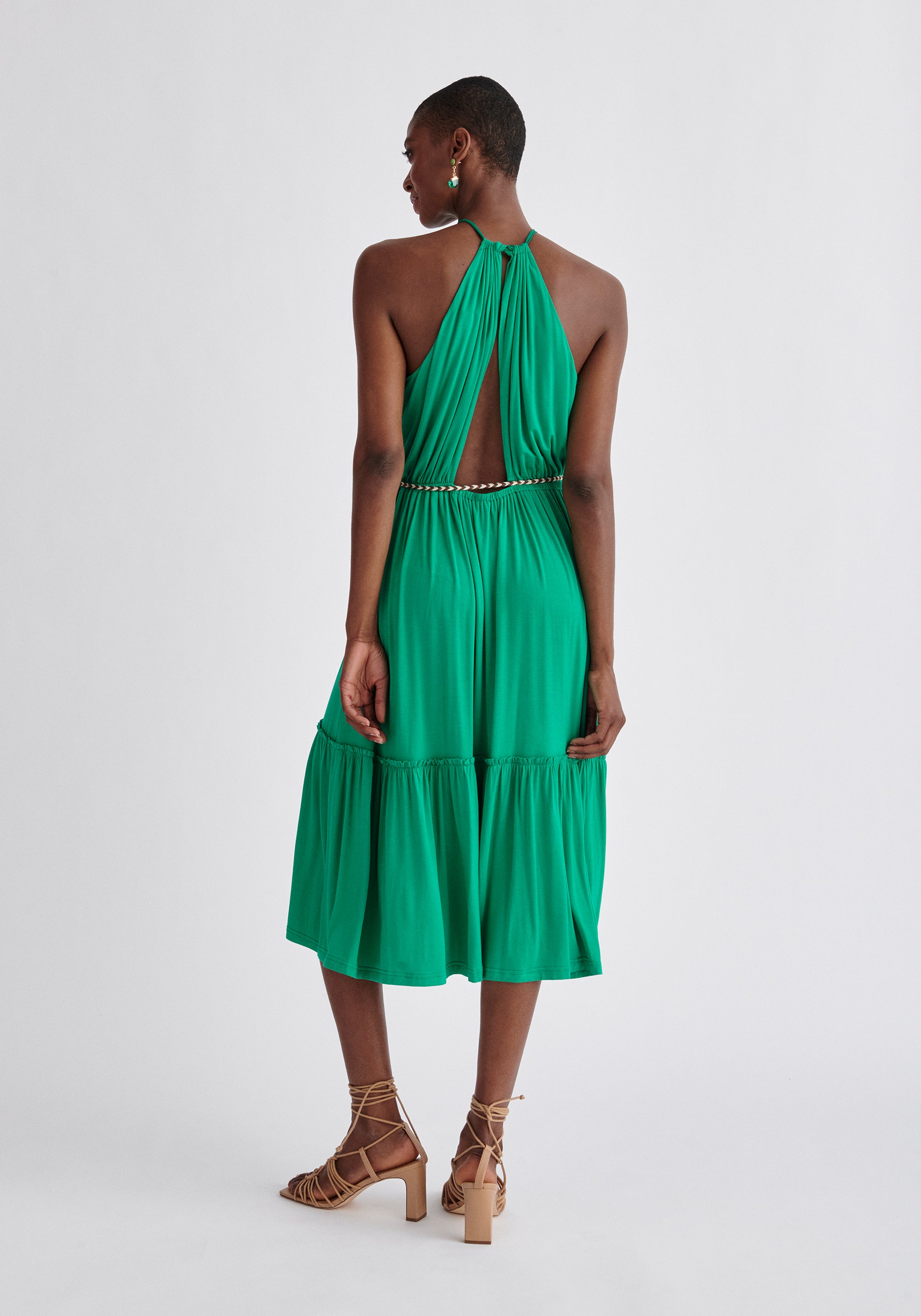 Paisie Tiered Halterneck Jersey Dress in Green Back