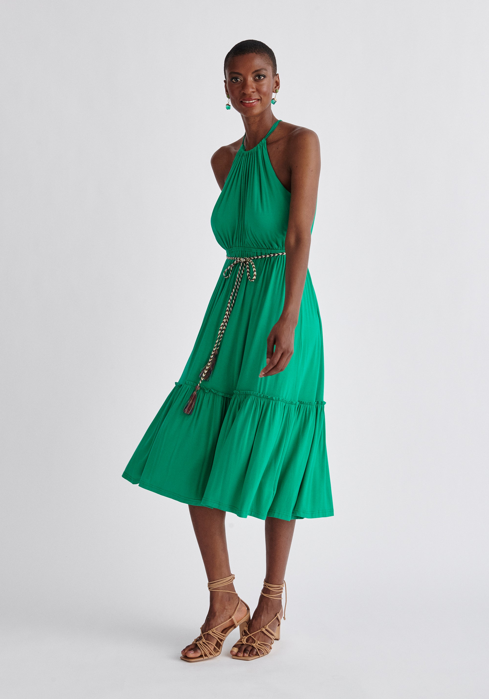 Paisie Tiered Halterneck Jersey Dress in Green