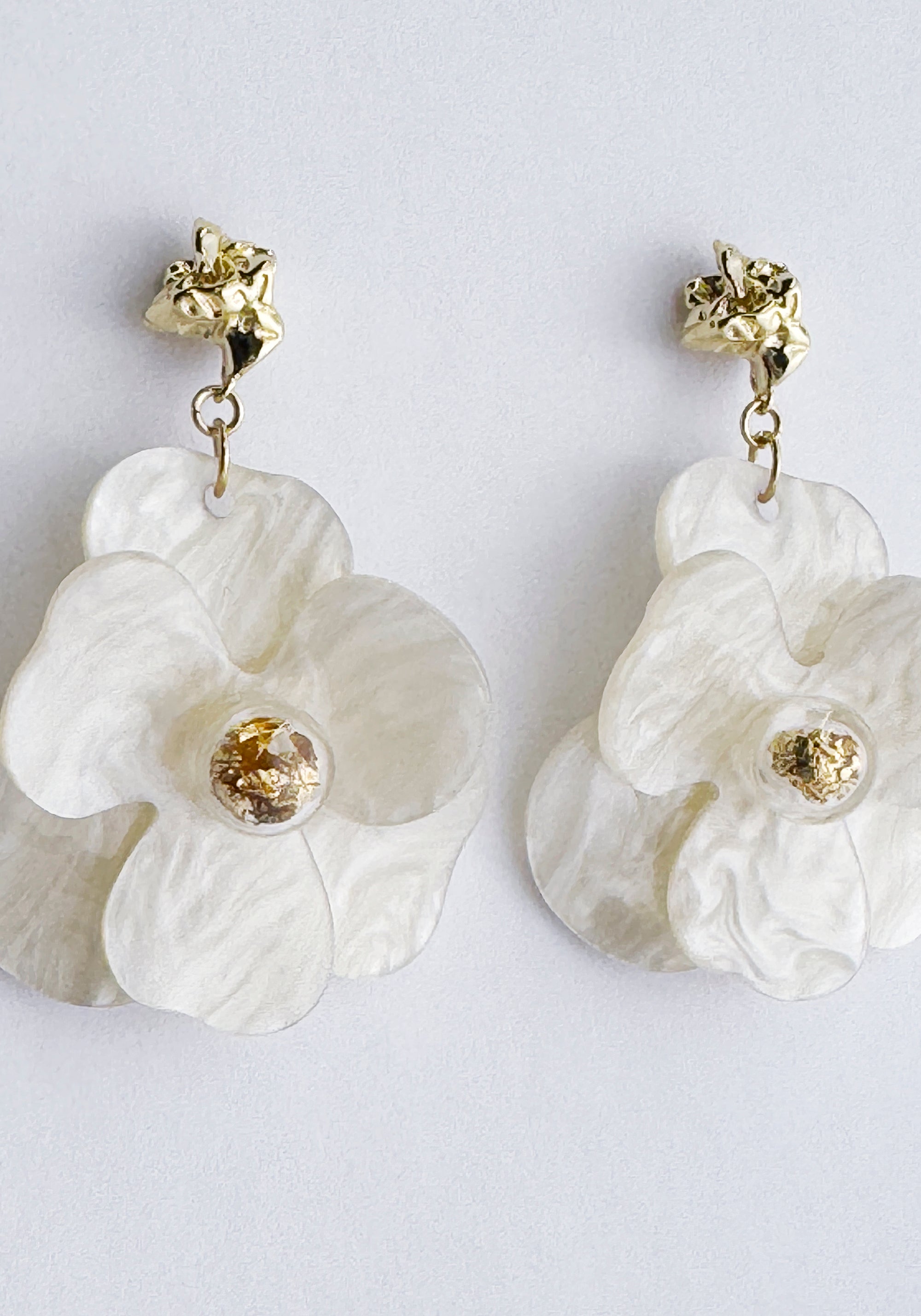 Golden Petal Drop Earrings in White