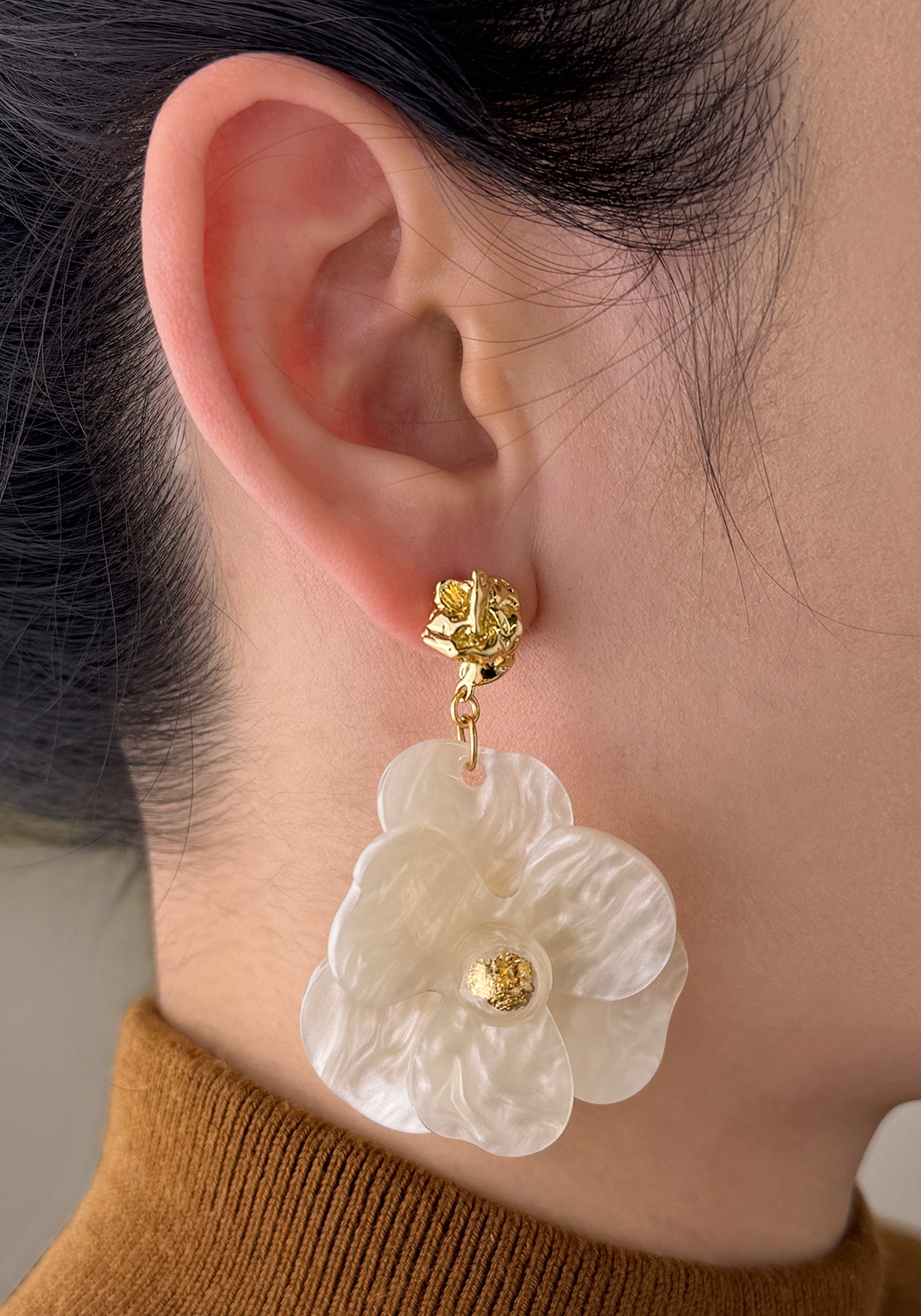 Golden Petal Drop Earrings in White