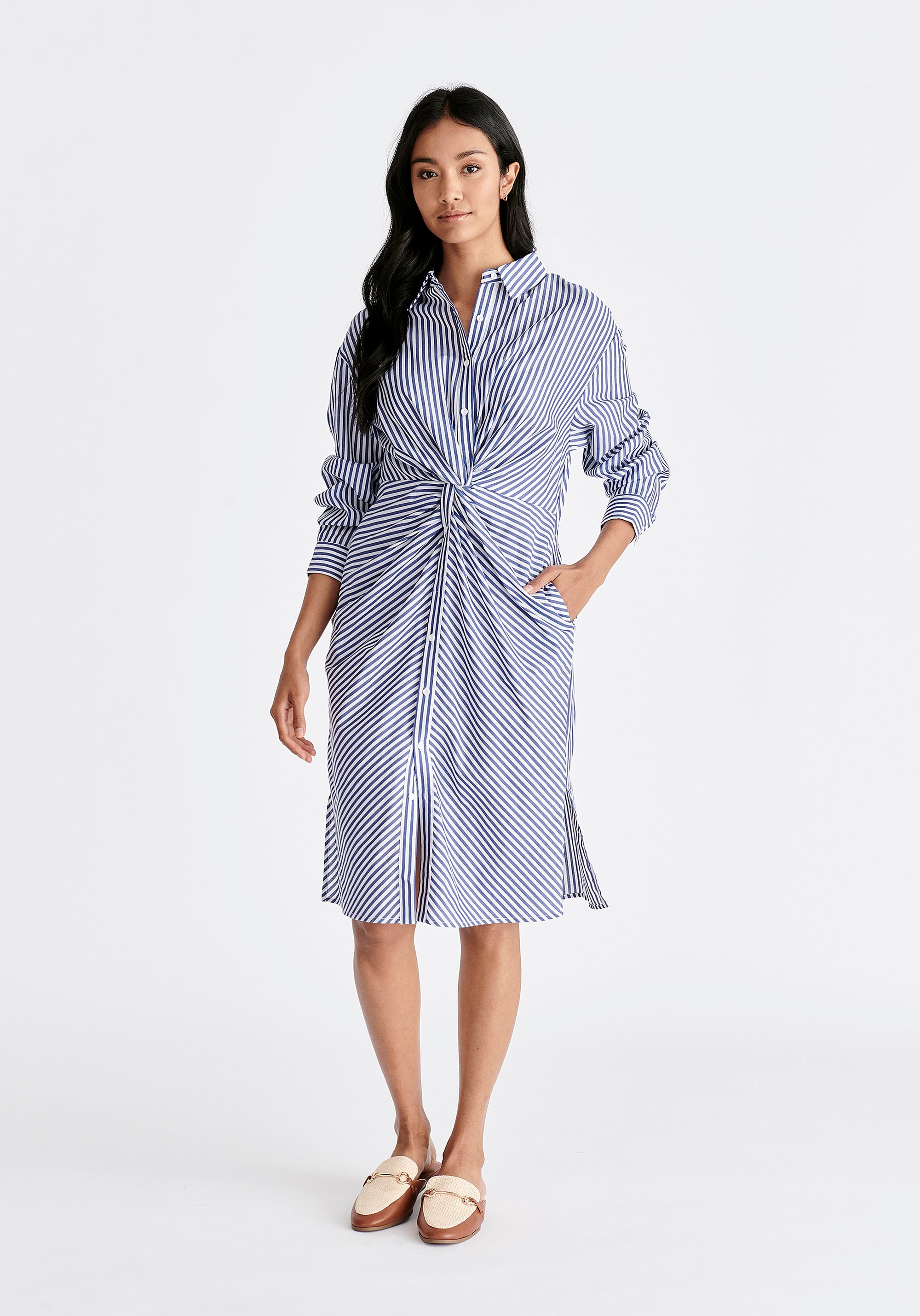 Twist Detail Shirt Dress in Dark Blue and White