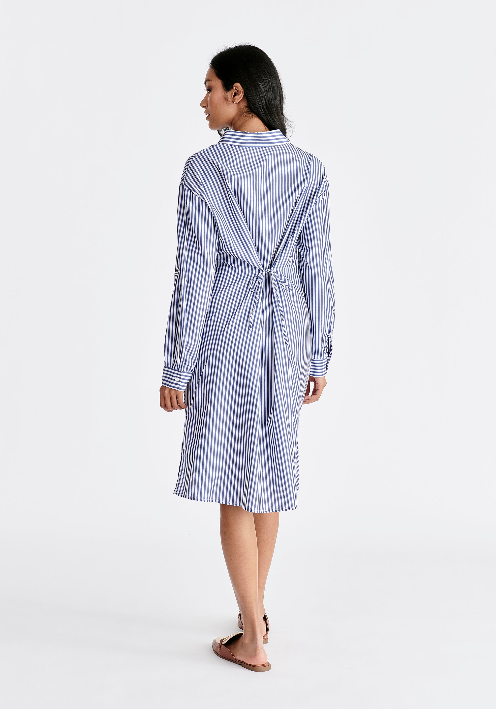 Twist Detail Shirt Dress in Dark Blue and White Back