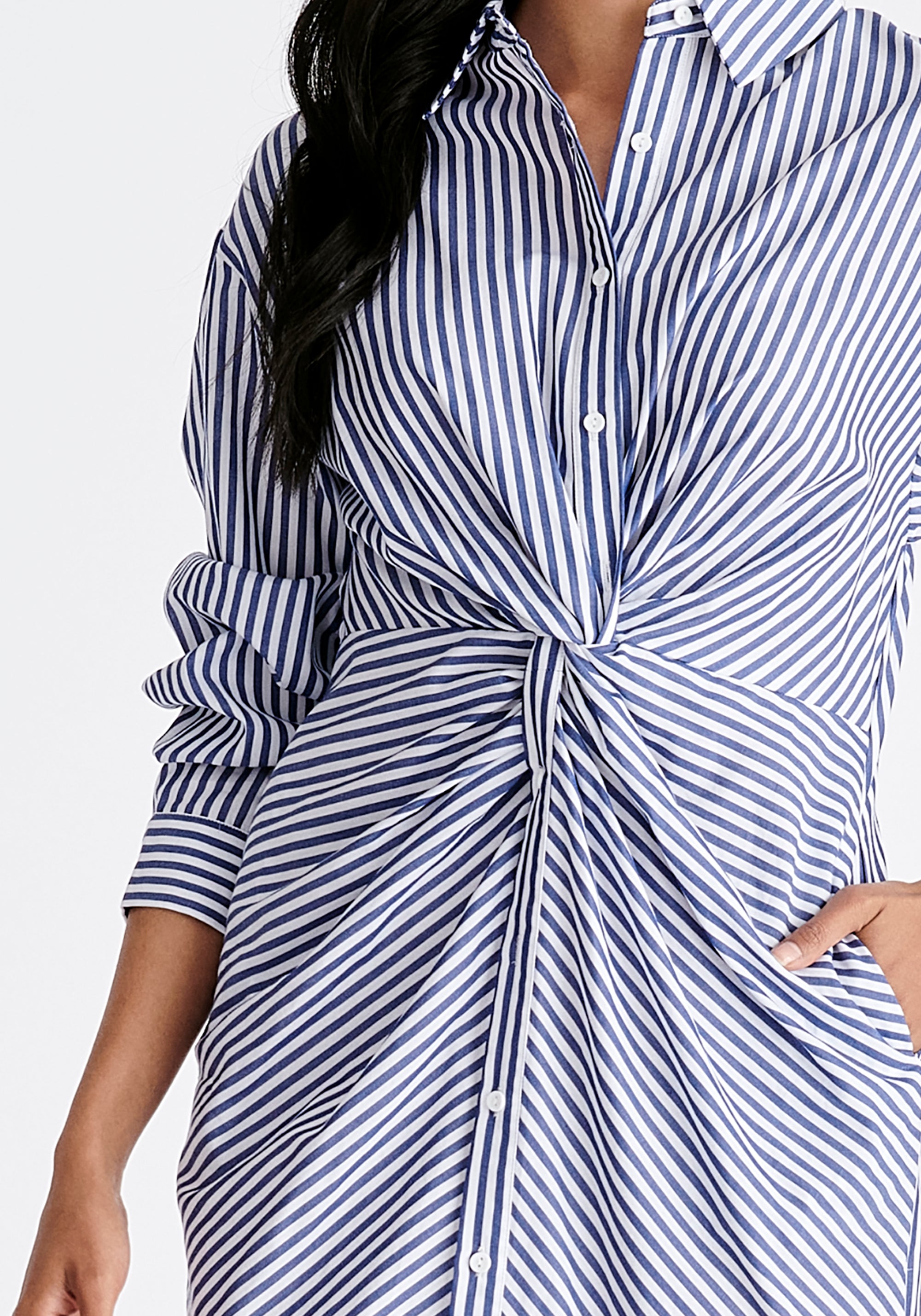 Twist Detail Shirt Dress in Dark Blue and White Close Up