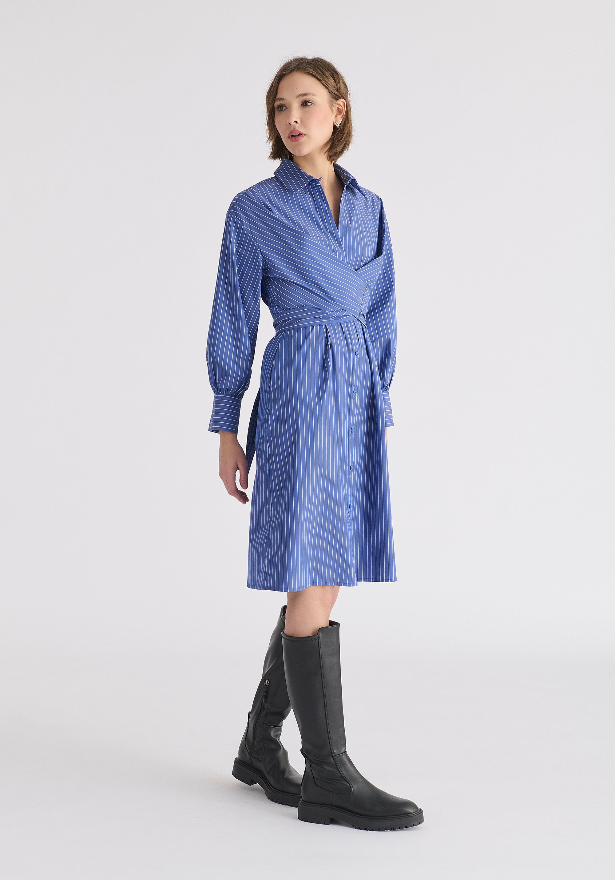 Striped Shirt Dress with Waist Tie