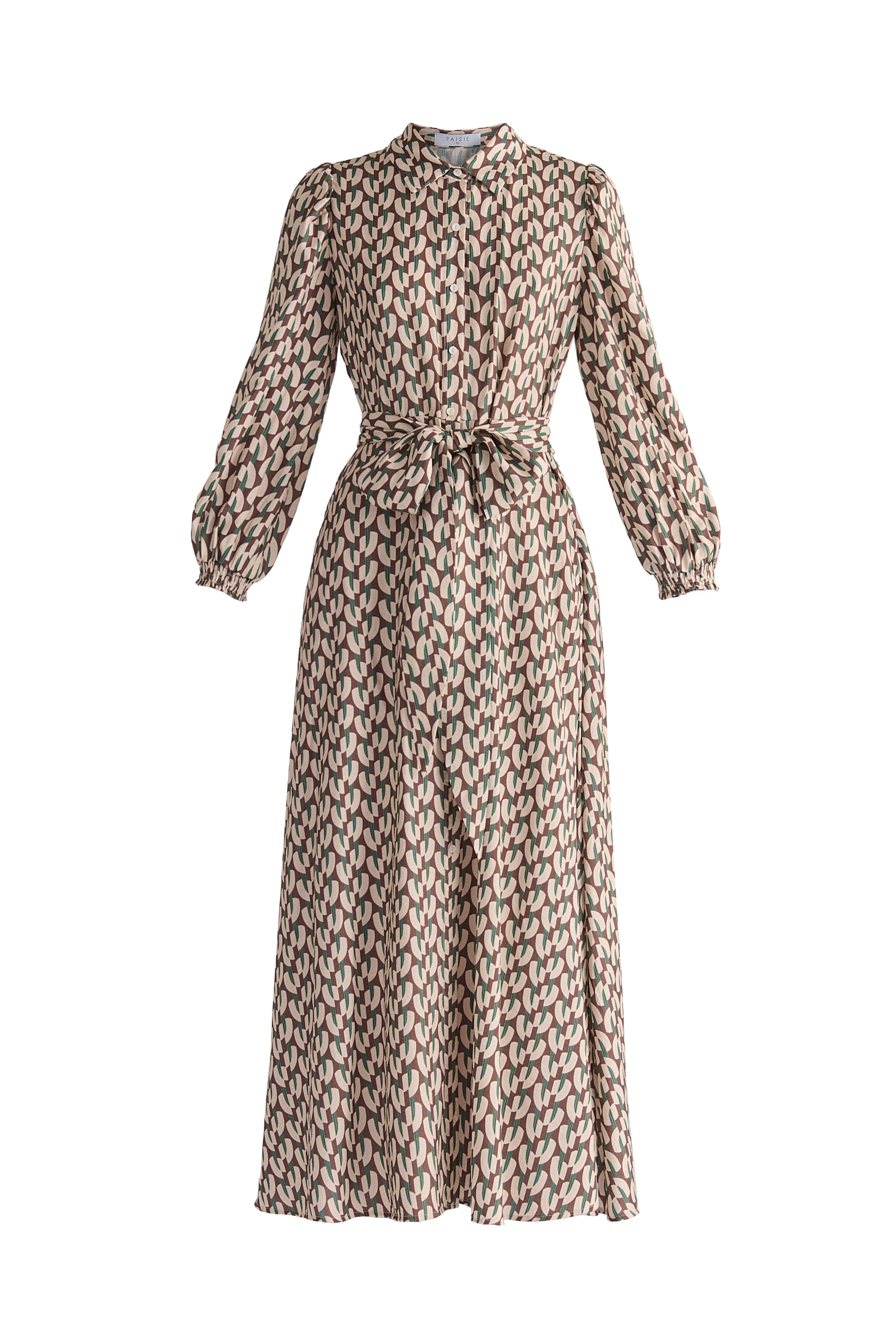 Geometric Print Maxi Shirt Dress in Brown, Beige and Green Cut Out