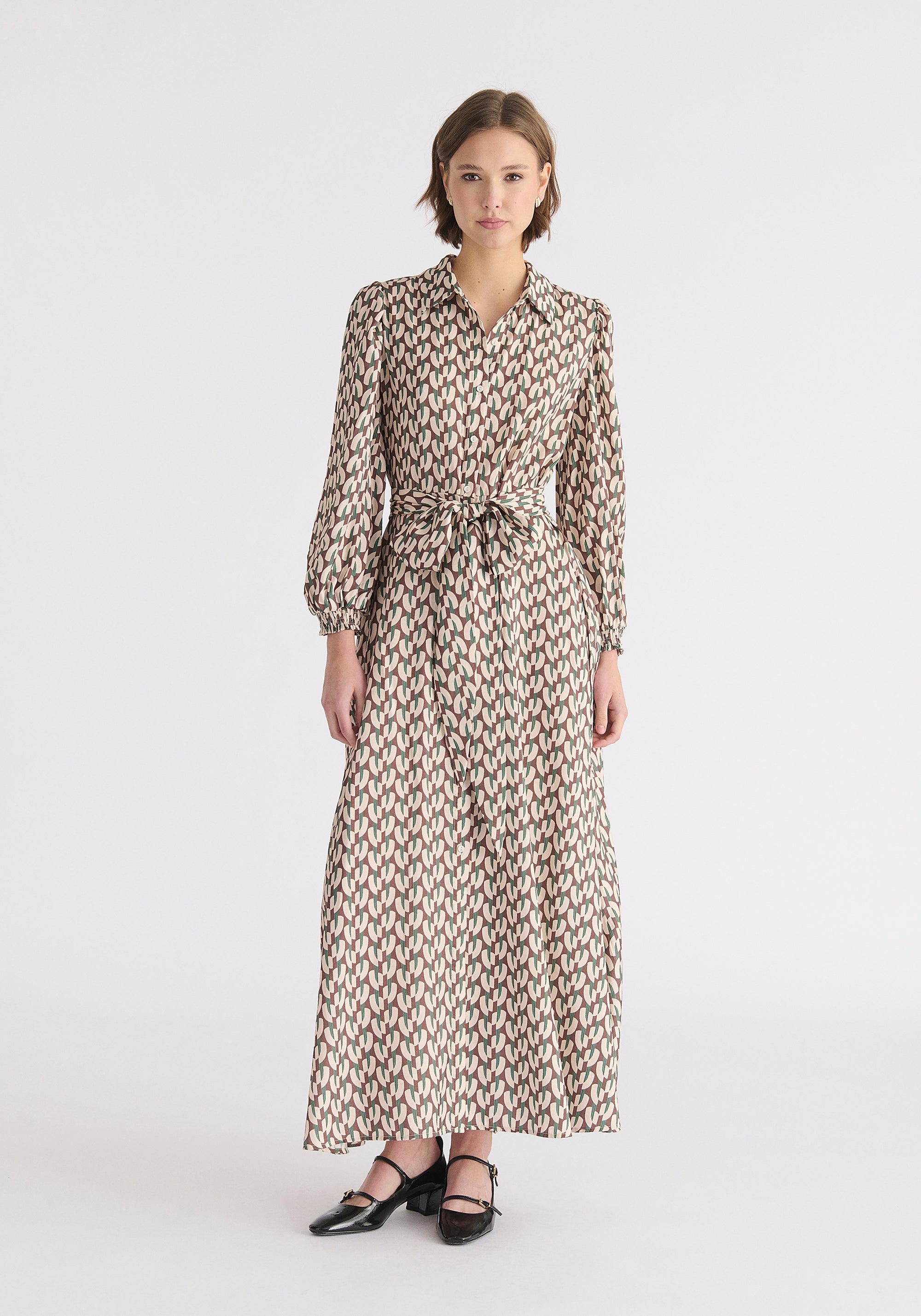 Geometric Print Maxi Shirt Dress in Brown, Beige and Green