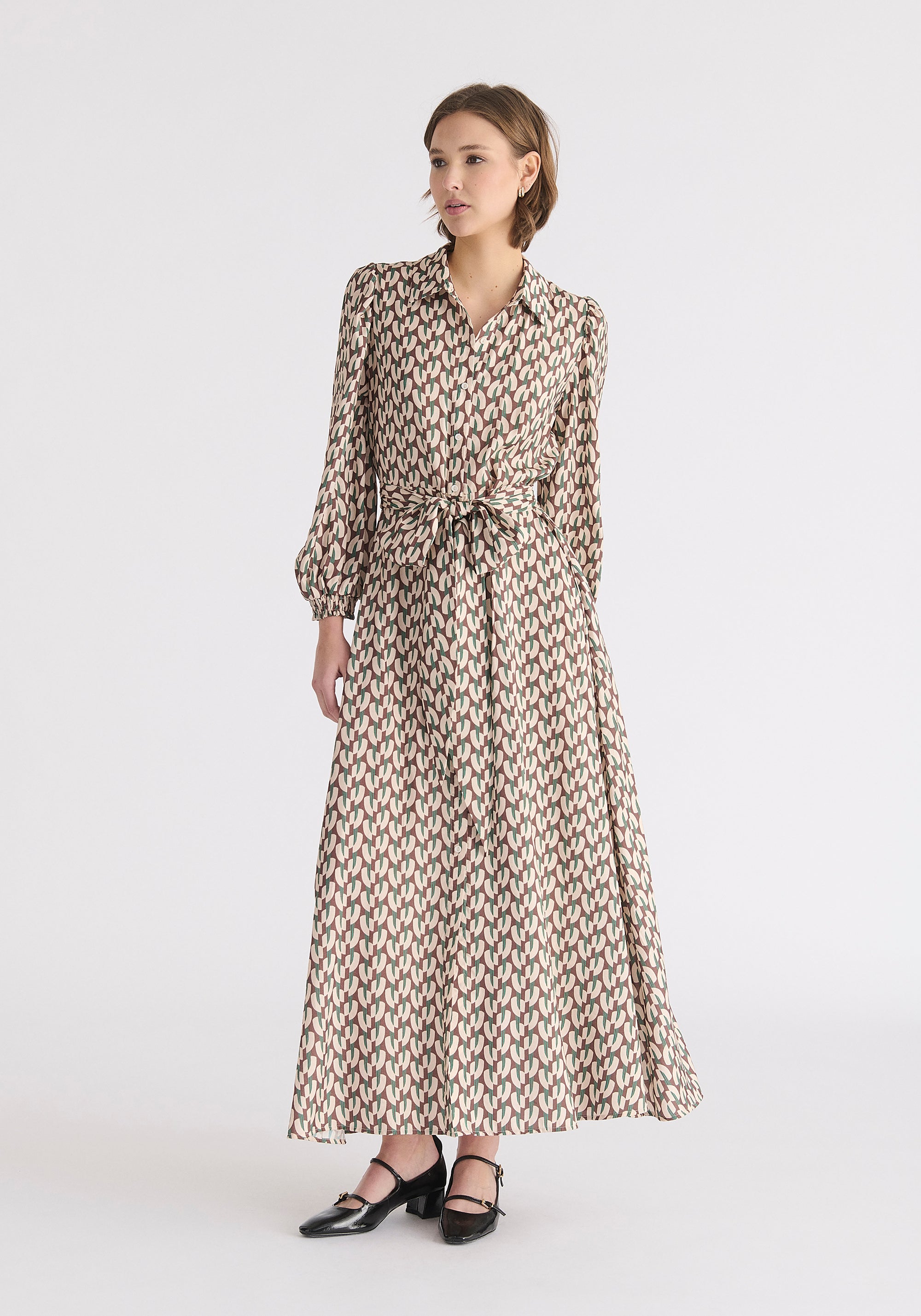 Geometric Print Maxi Shirt Dress in Brown, Beige and Green Front