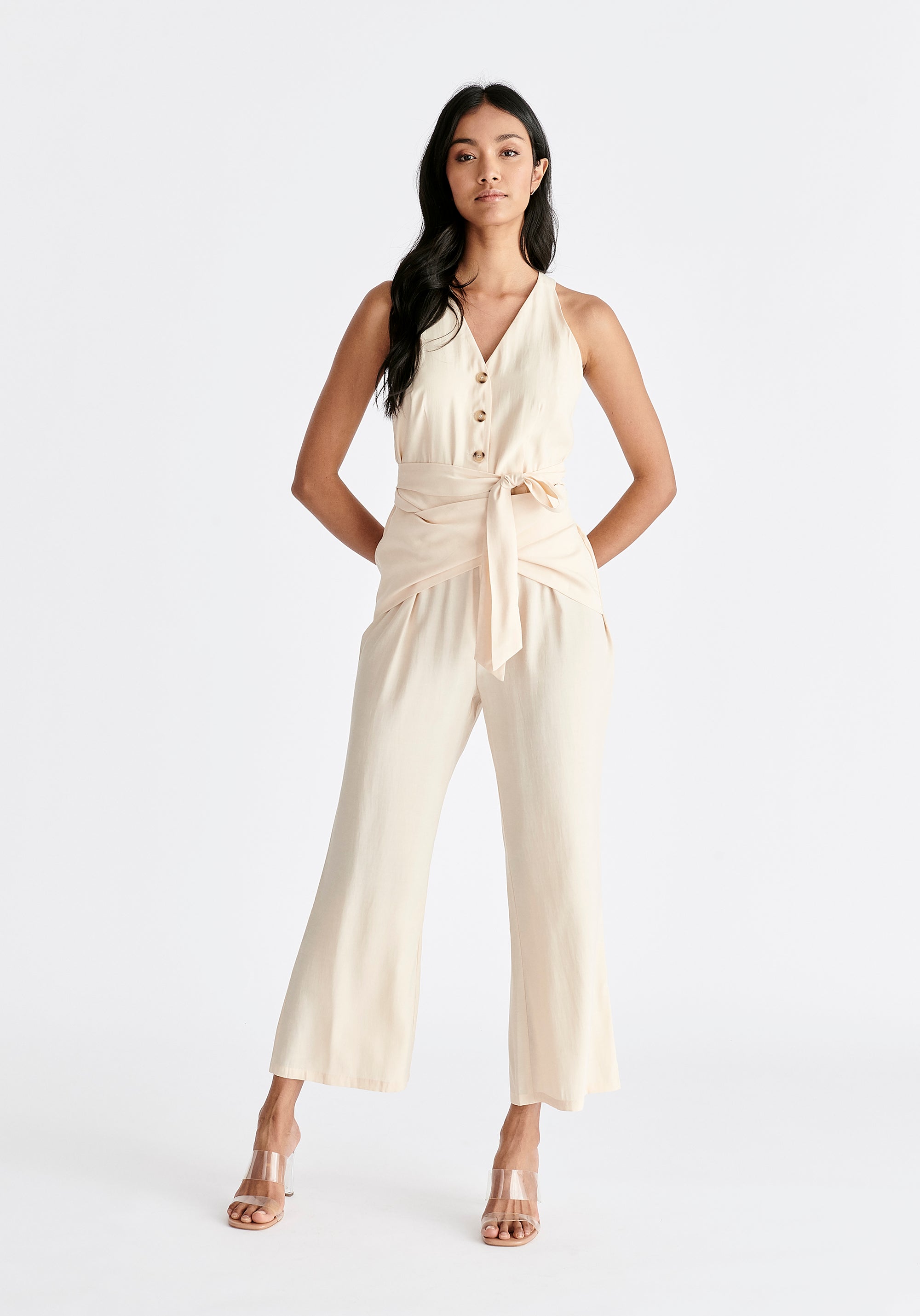 Waist Tie Jumpsuit in Cream