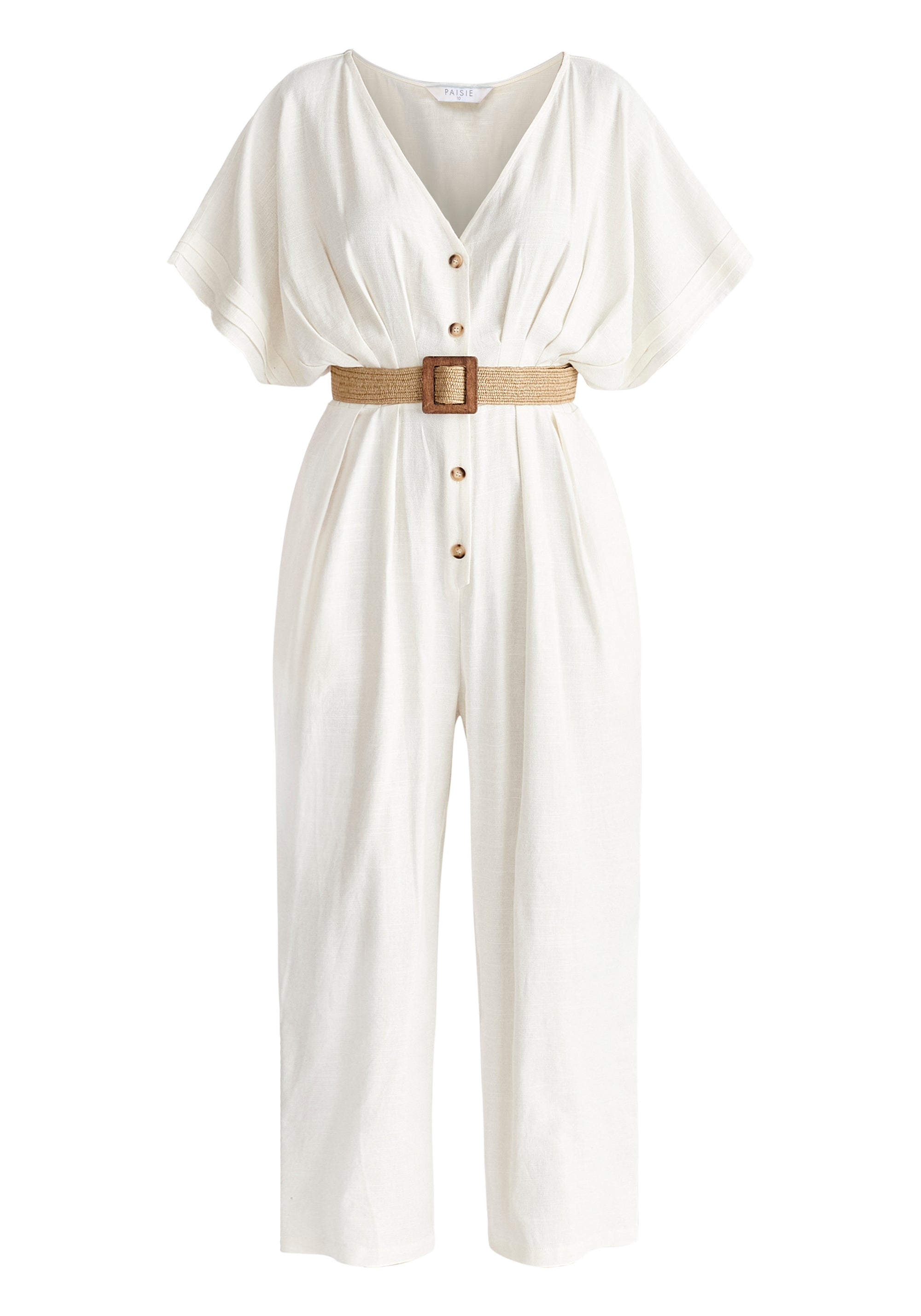 Linen Blend Button Jumpsuit in White Cut Out