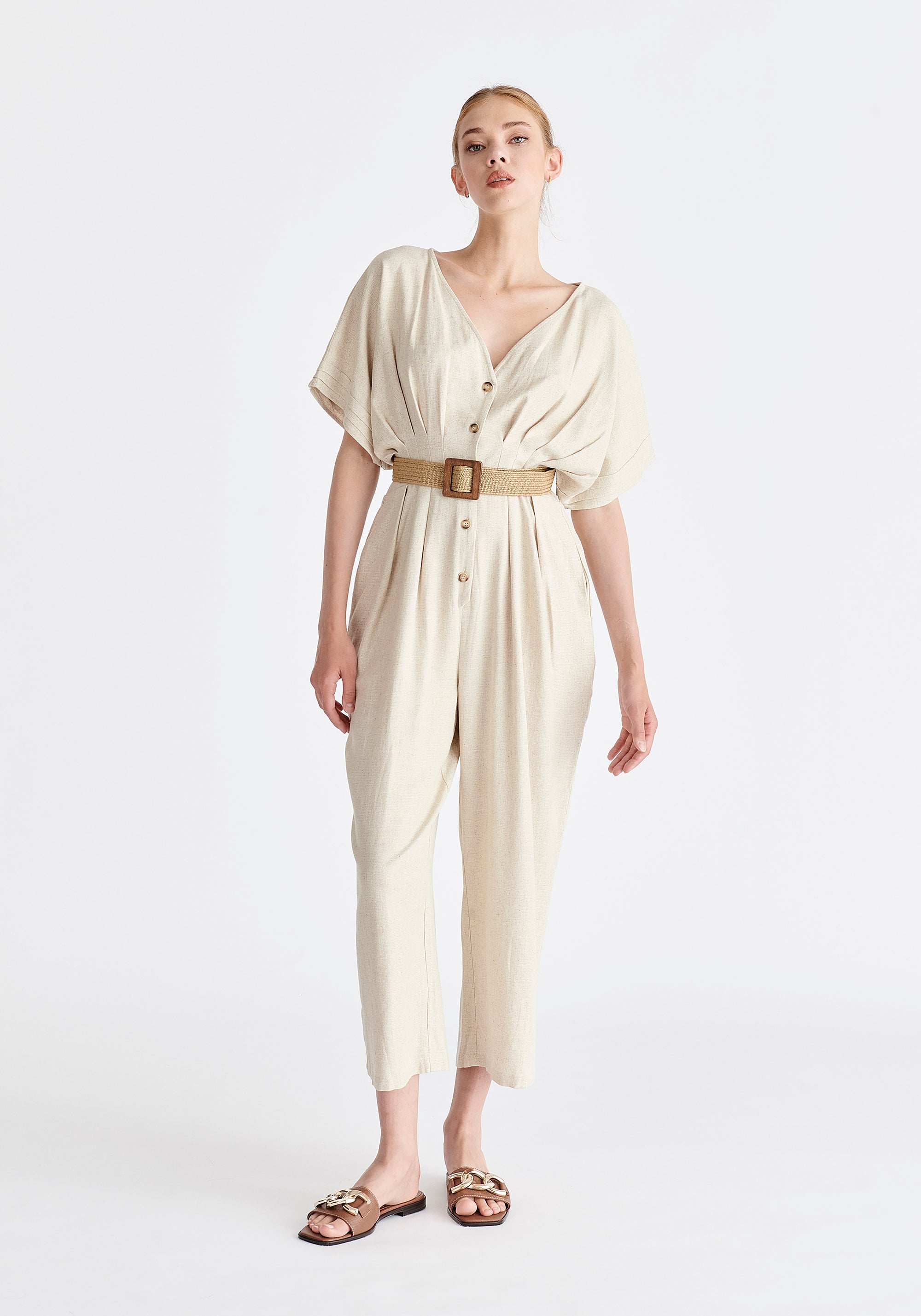 Linen Blend Button Jumpsuit in Oatmeal