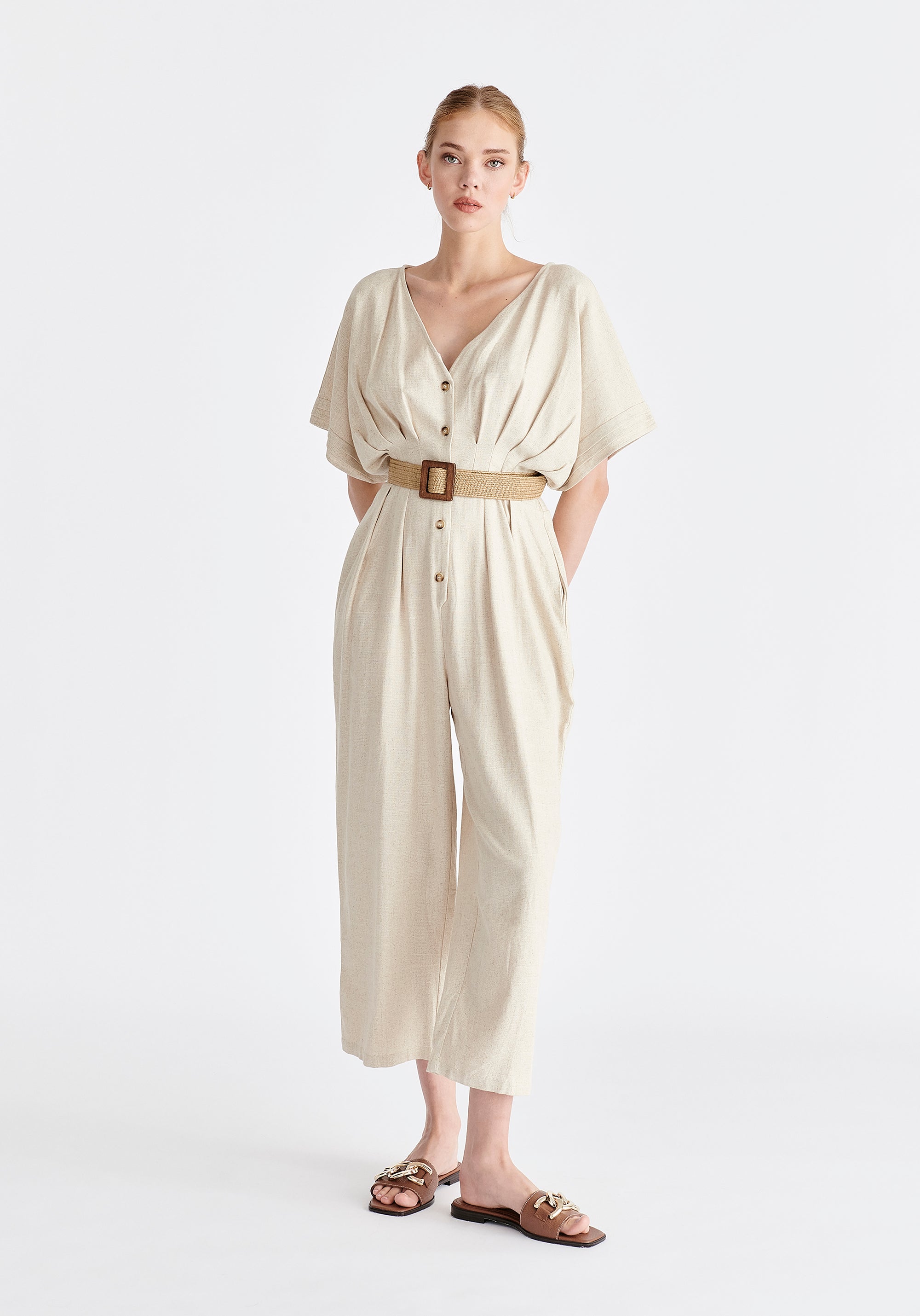 Linen Blend Button Jumpsuit in Oatmeal