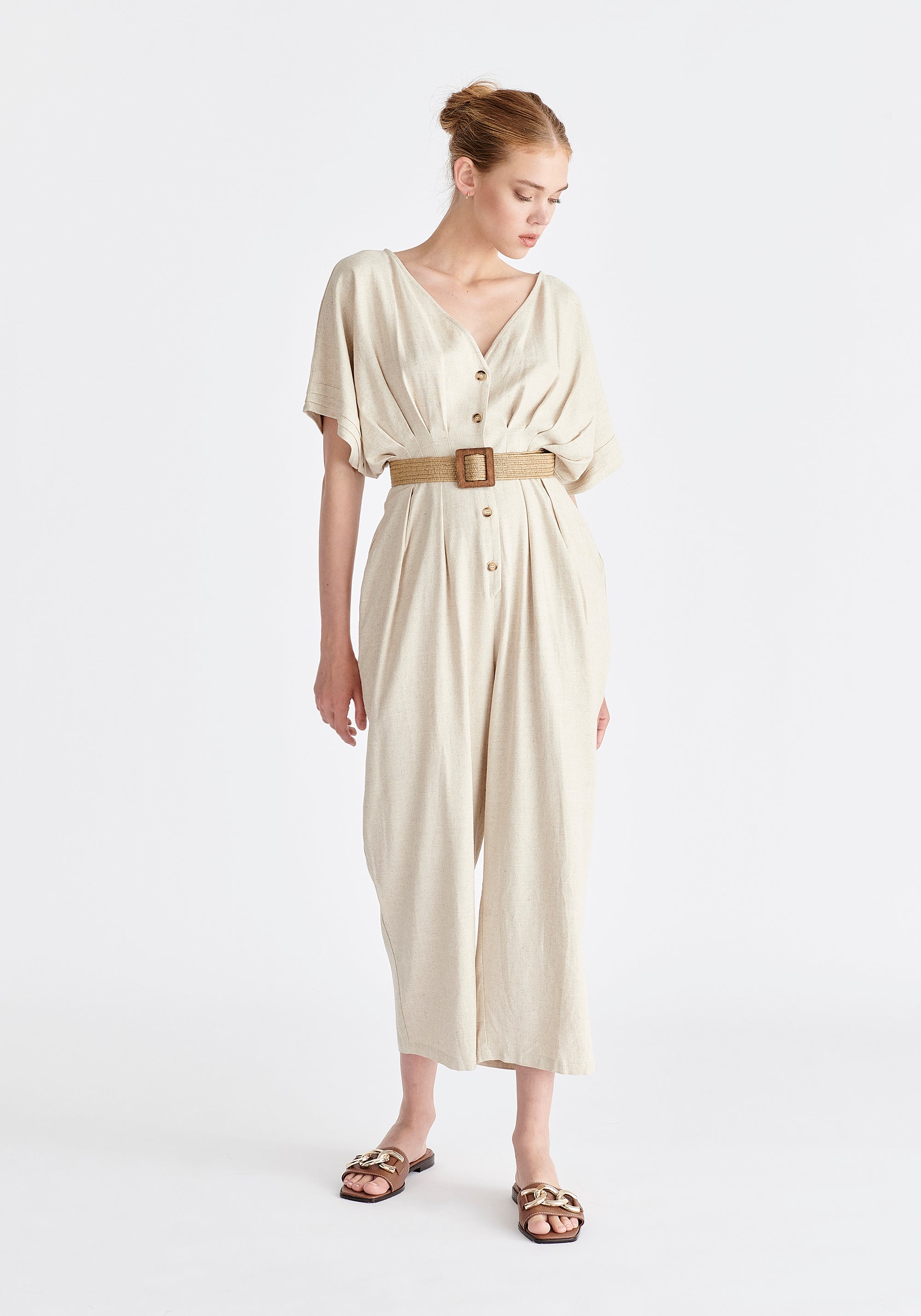 Linen Blend Button Jumpsuit in Oatmeal