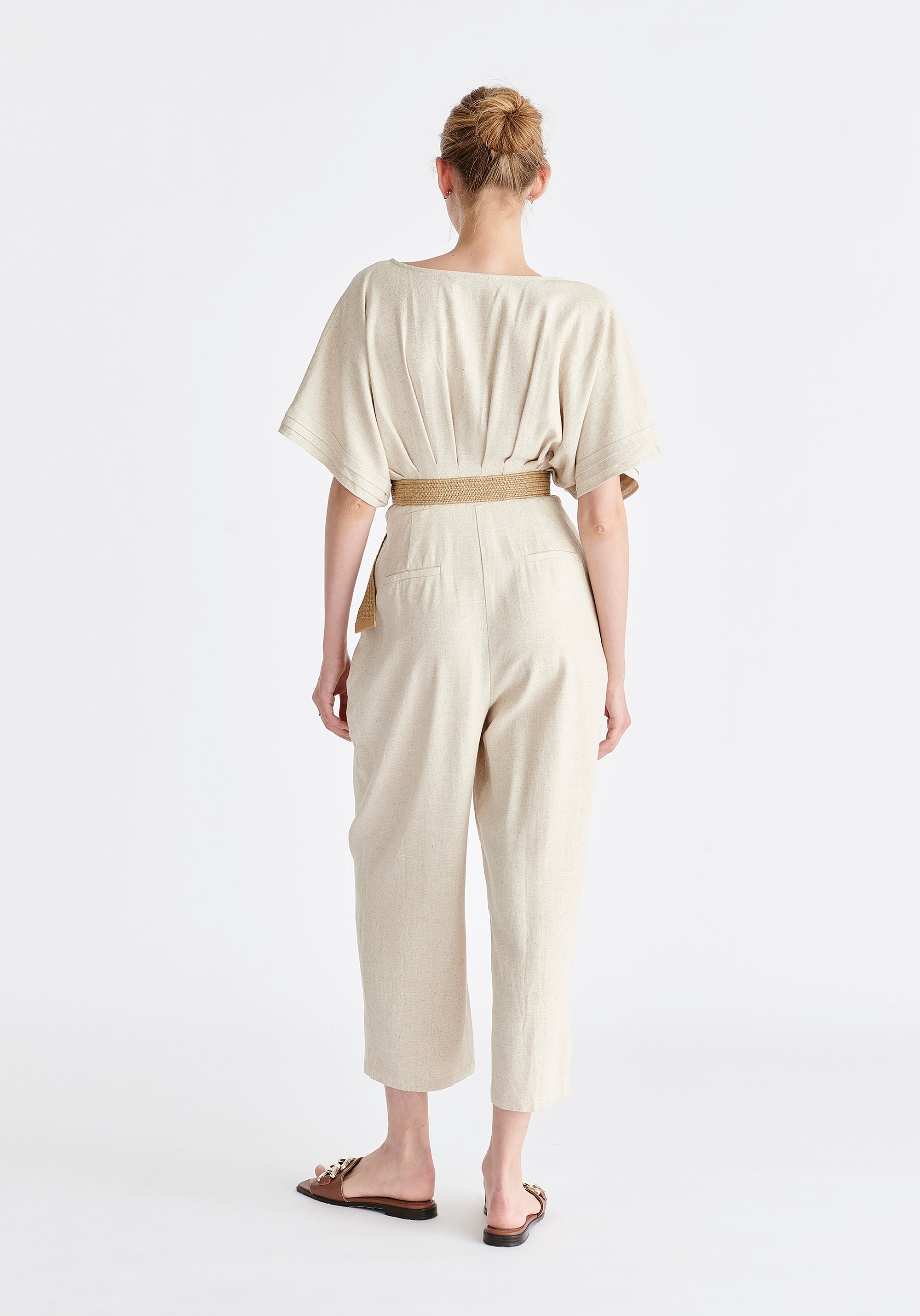 Linen Blend Button Jumpsuit in Oatmeal Back