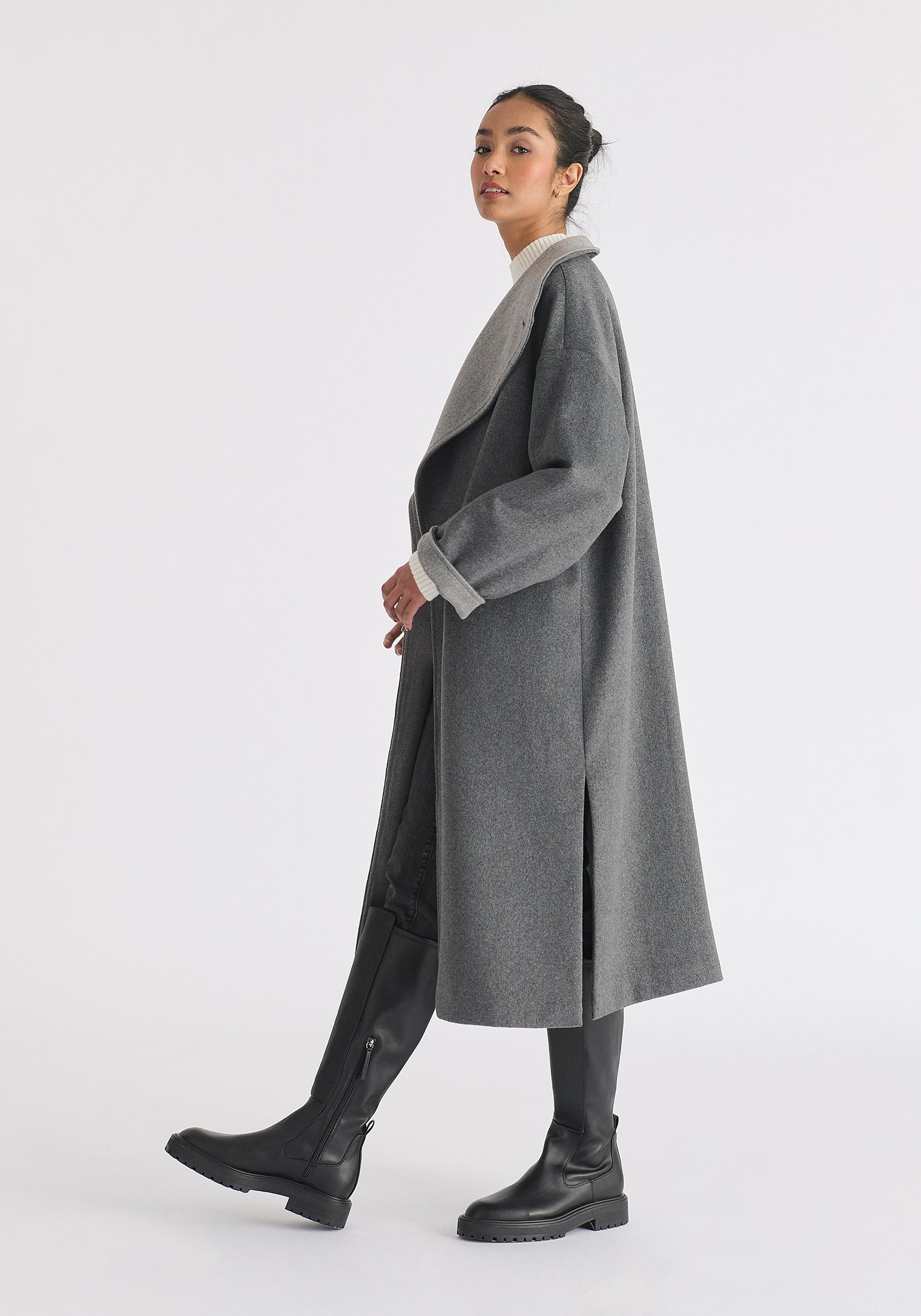 Two-Tone Double Breasted Wool Blend Coat in Grey Side