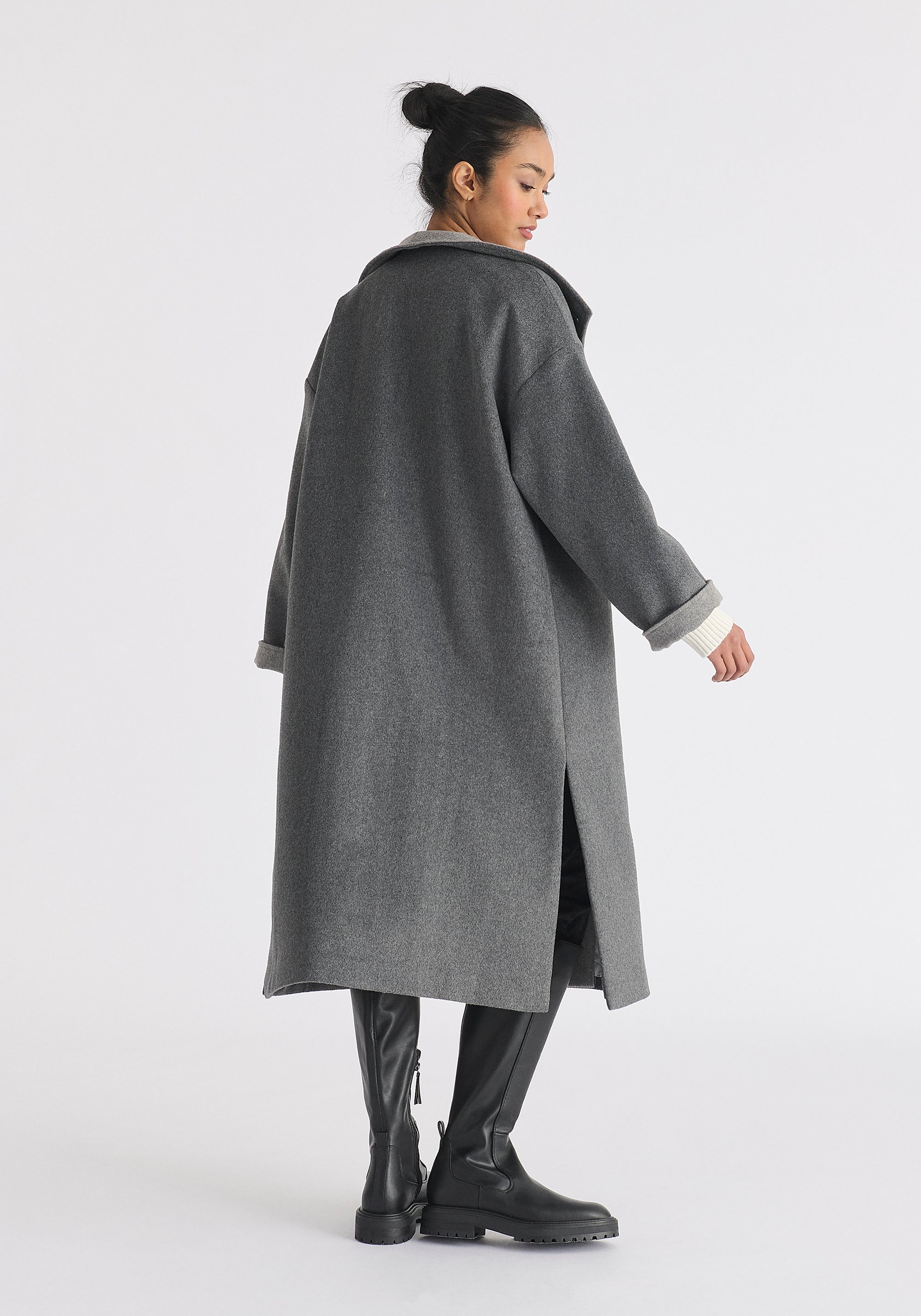 Two-Tone Double Breasted Wool Blend Coat in Grey Back