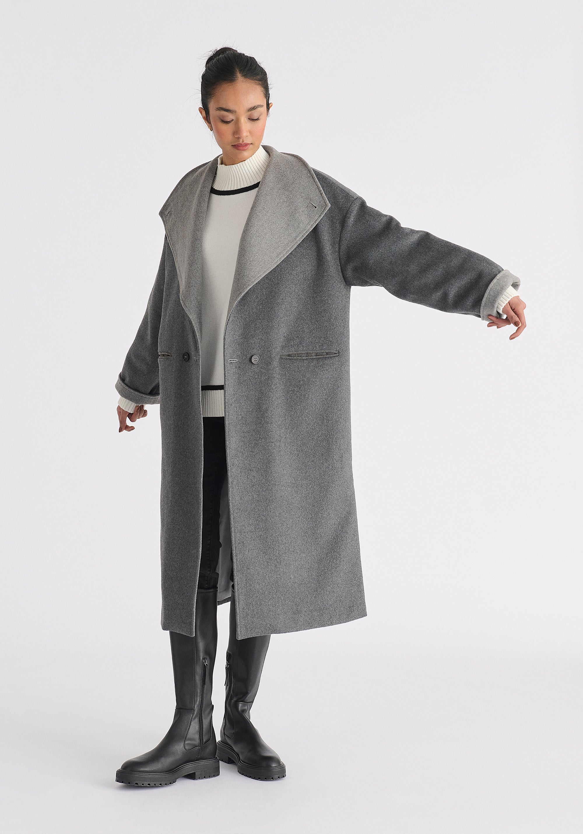 Two-Tone Double Breasted Wool Blend Coat in Grey Front