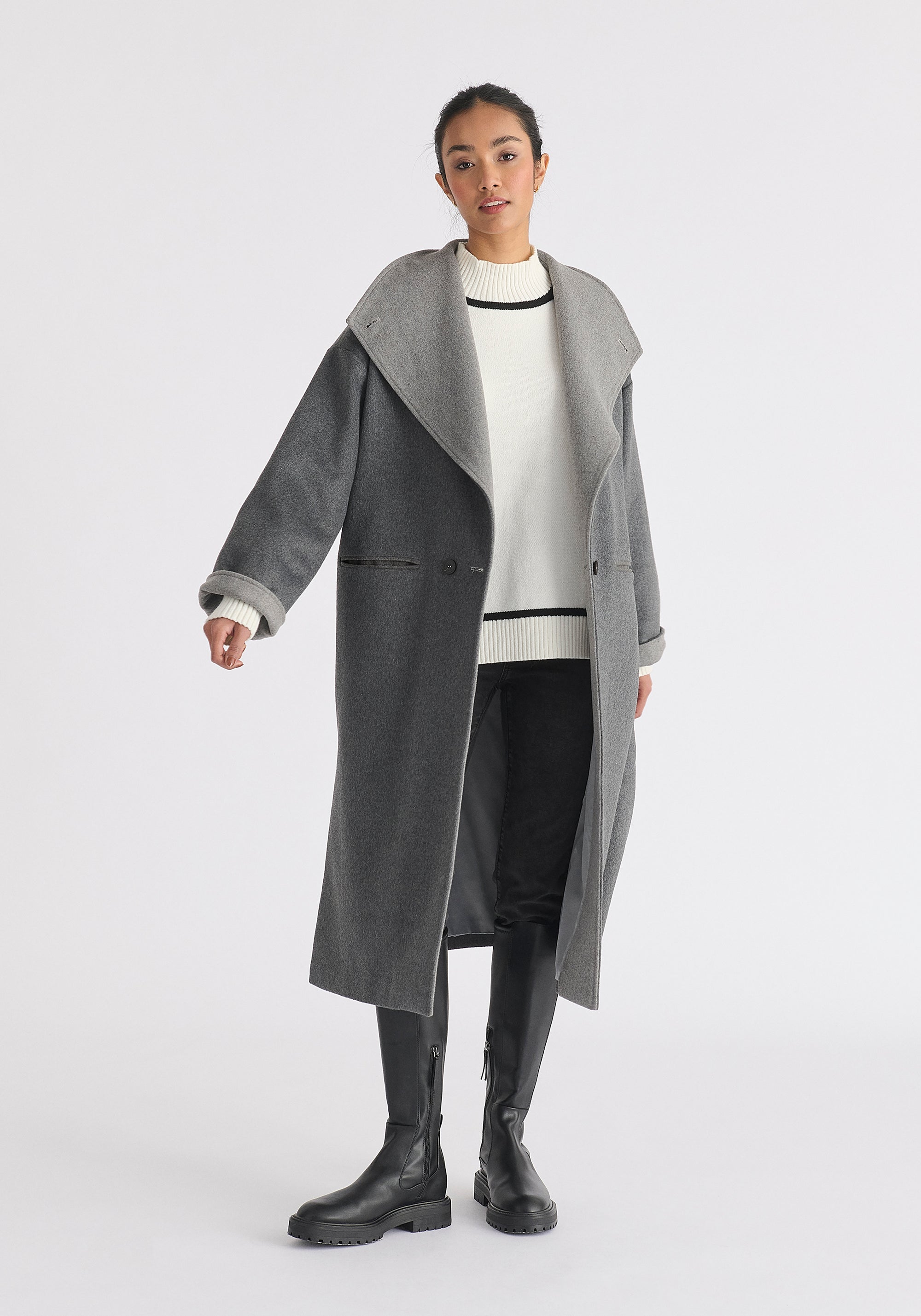 Two-Tone Double Breasted Wool Blend Coat in Grey Front