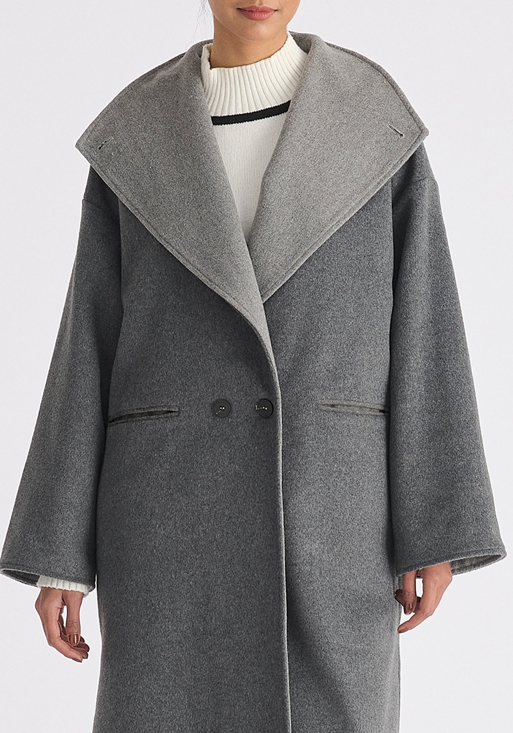 Two-Tone Double Breasted Wool Blend Coat in Grey Close Up