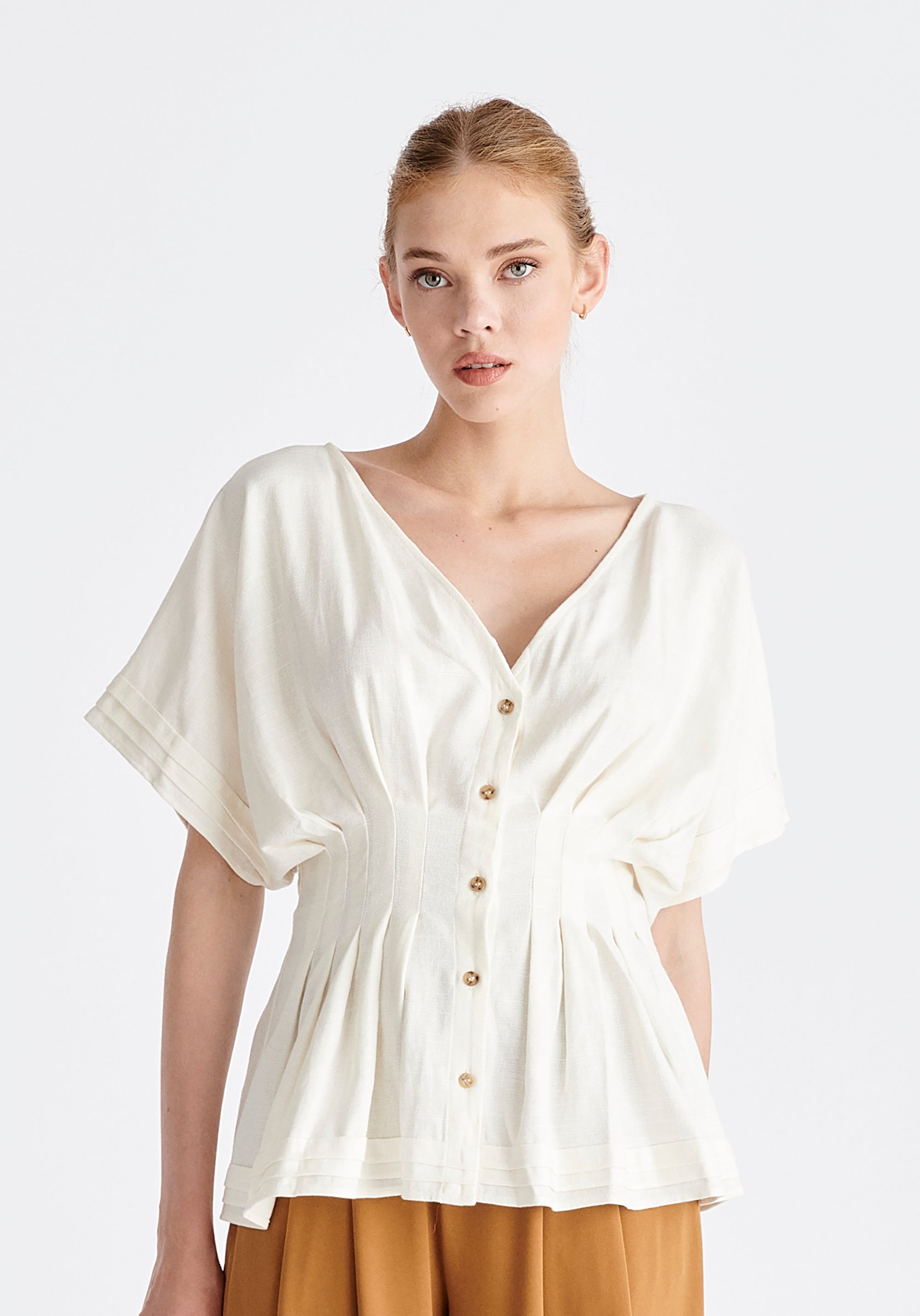 Linen Blend Button Blouse in White