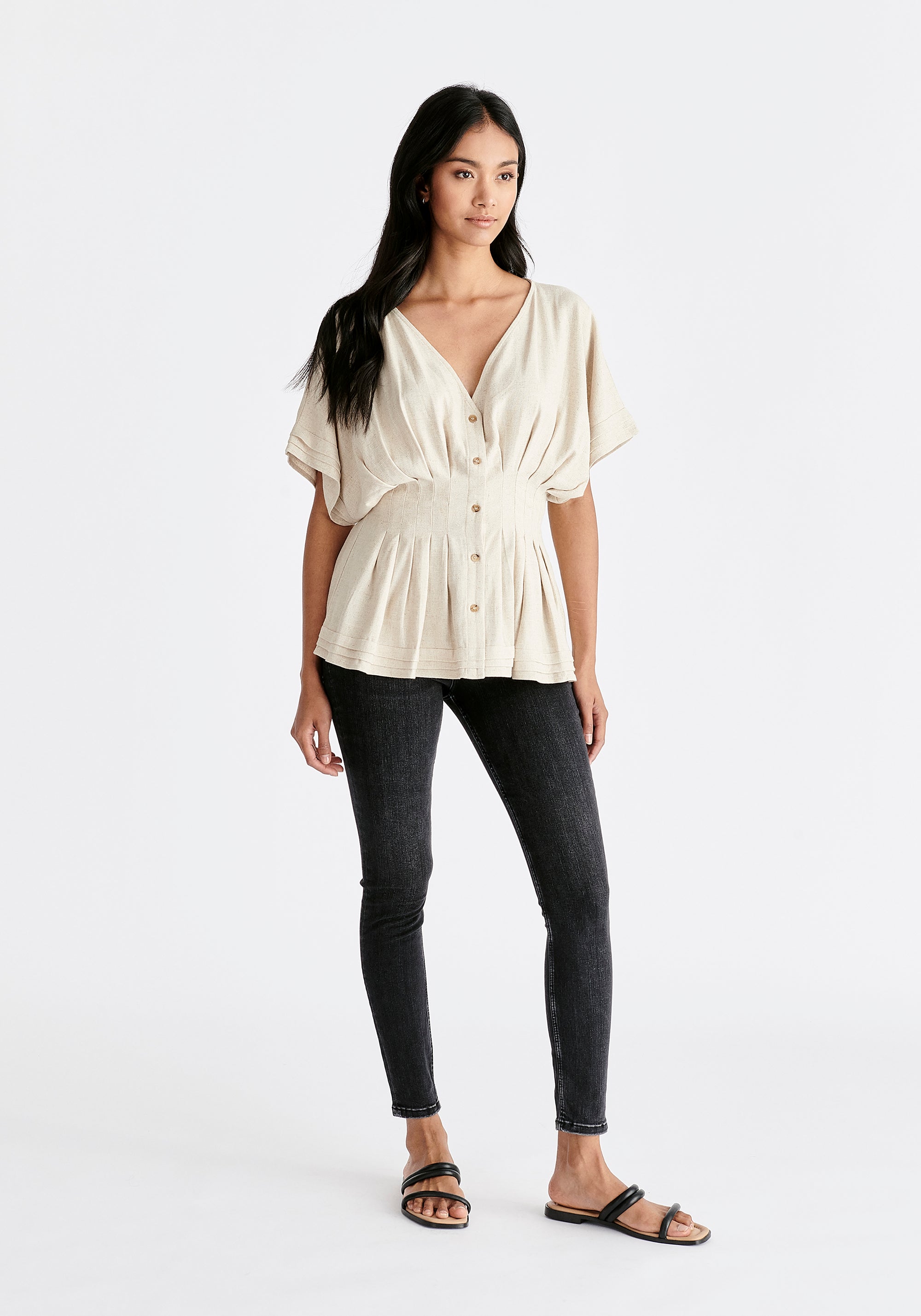 Linen Blend Button Blouse in Oatmeal