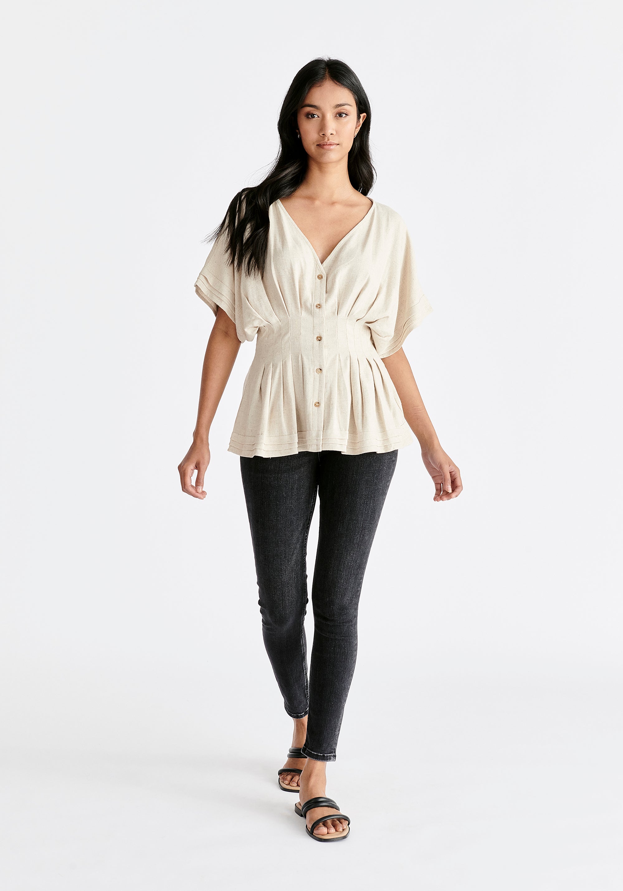 Linen Blend Button Blouse in Oatmeal