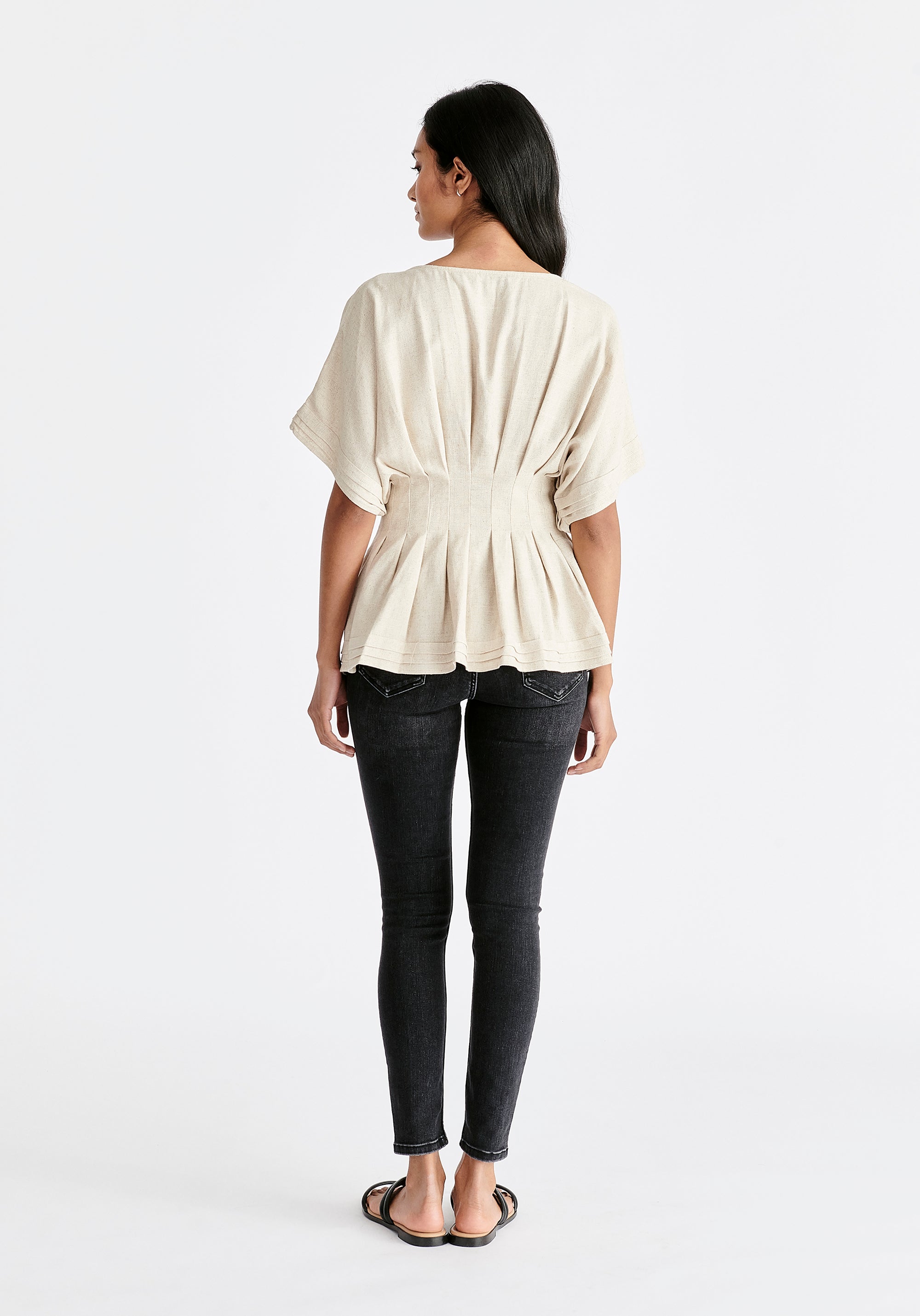 Linen Blend Button Blouse in Oatmeal Back