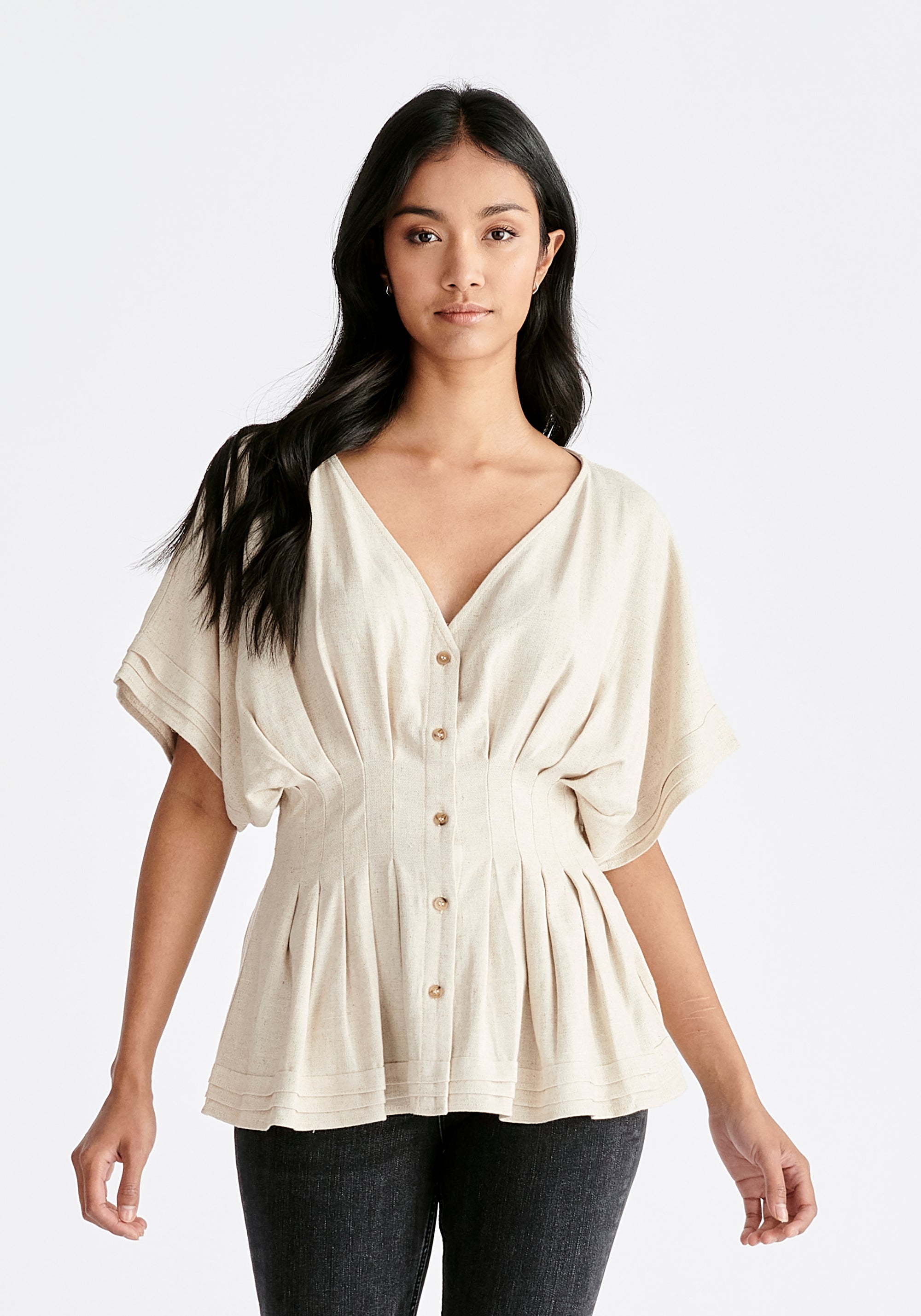 Linen Blend Button Blouse in Oatmeal