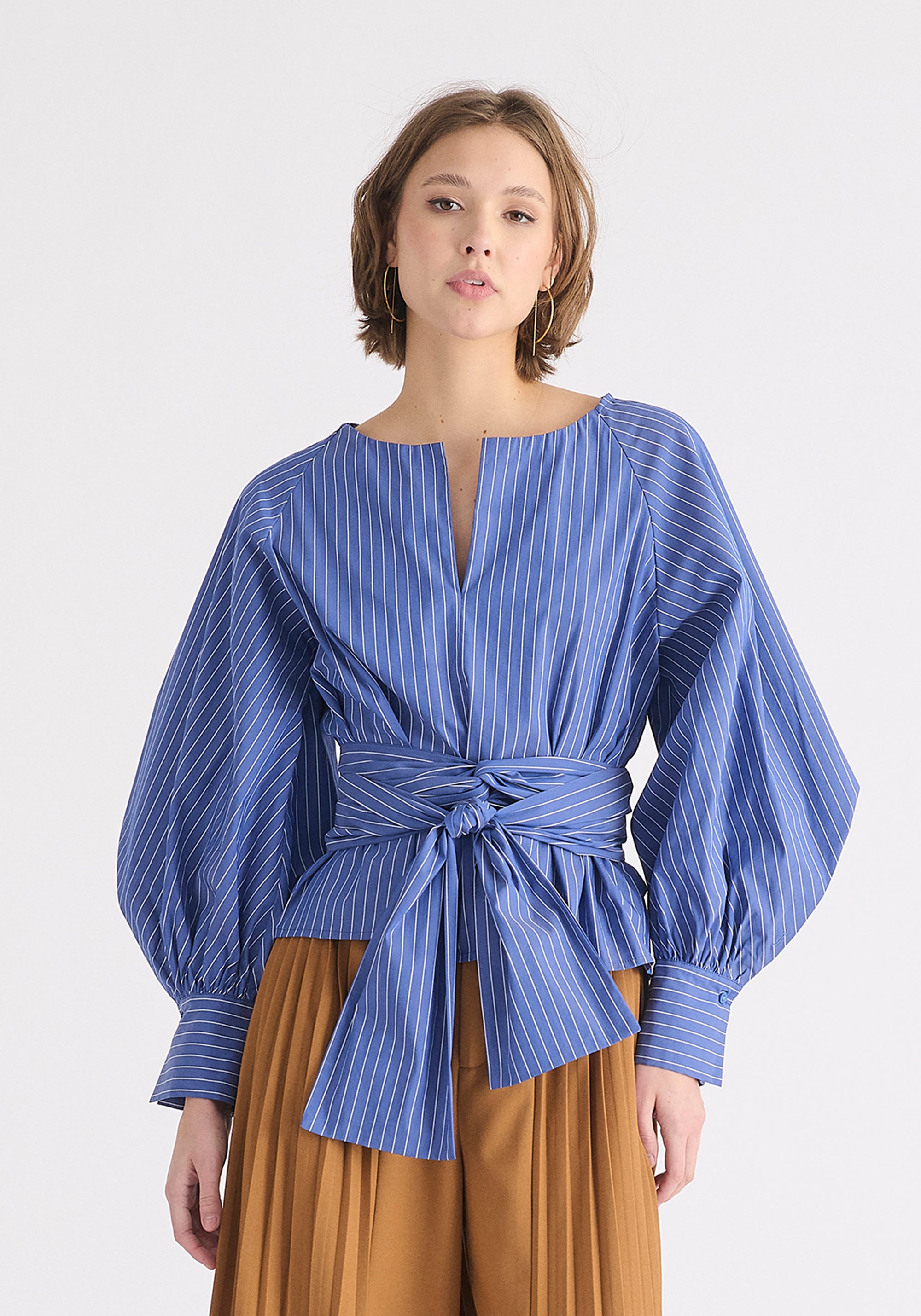 Striped Volume Sleeve Blouse with Matching Belt