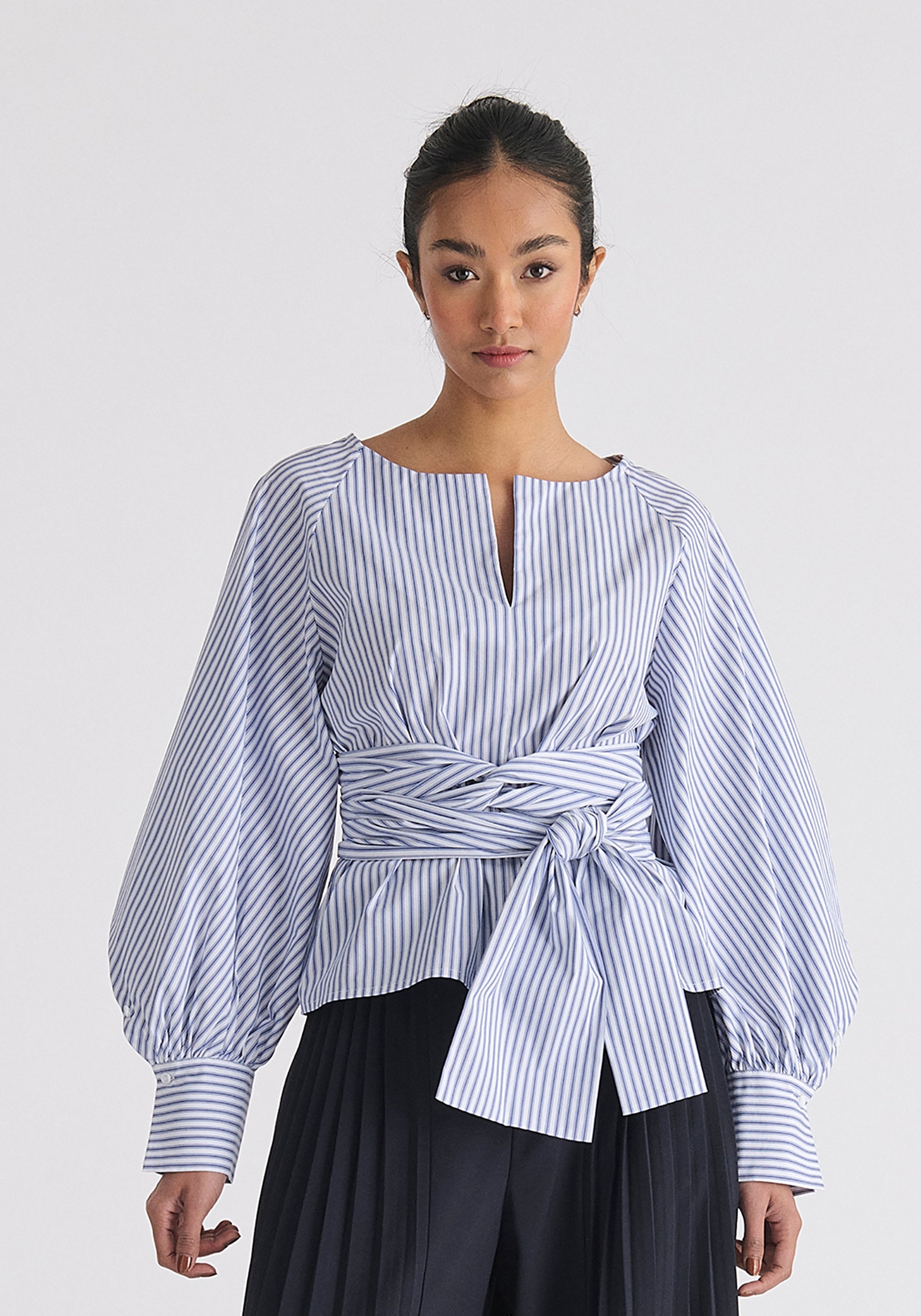 Striped Volume Sleeve Blouse with Matching Belt