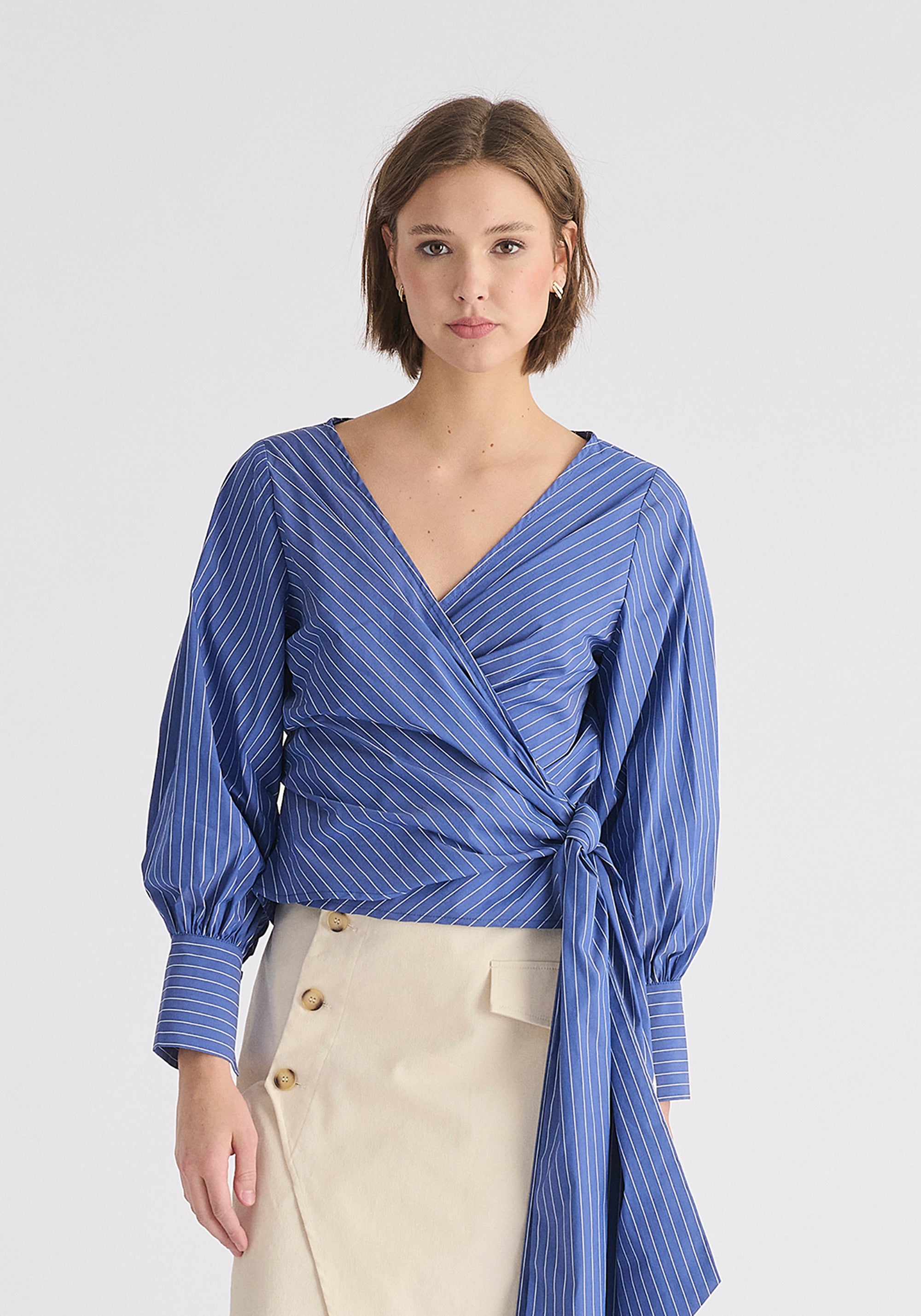 Striped Wrap Top with Waist Tie