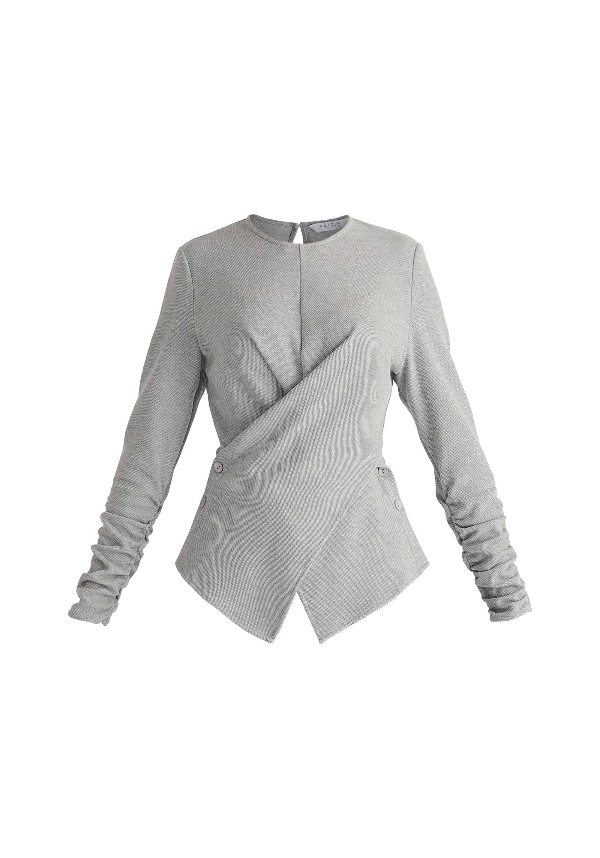 Wrap Top with Ruched Sleeve Detail in Marl Grey Cut Out