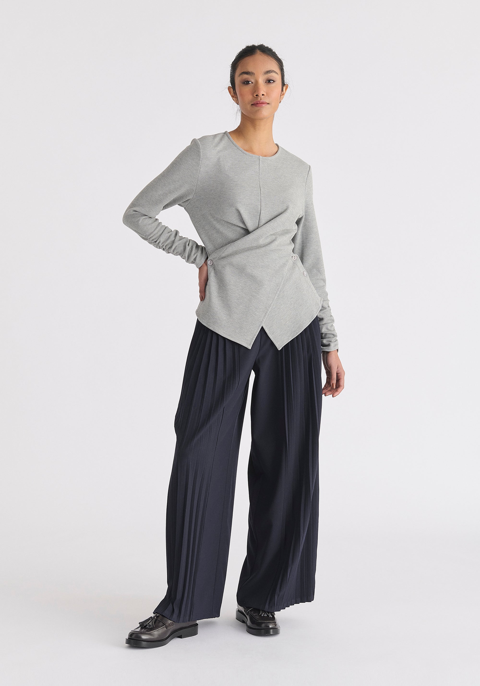 Wrap Top with Ruched Sleeve Detail in Marl Grey Front