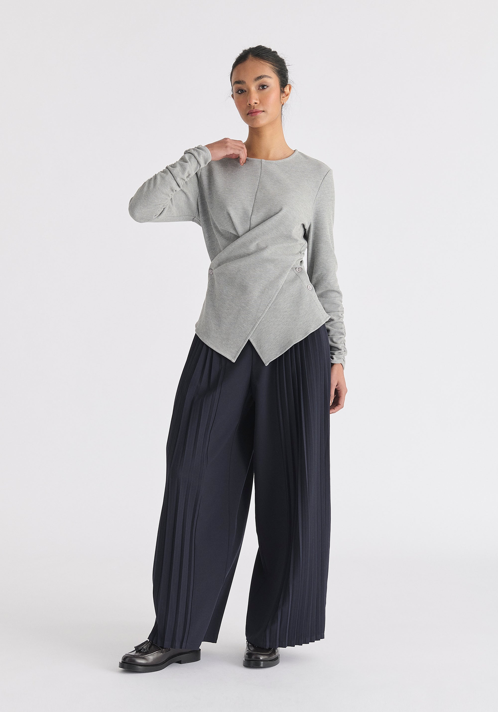 Wrap Top with Ruched Sleeve Detail in Marl Grey Front