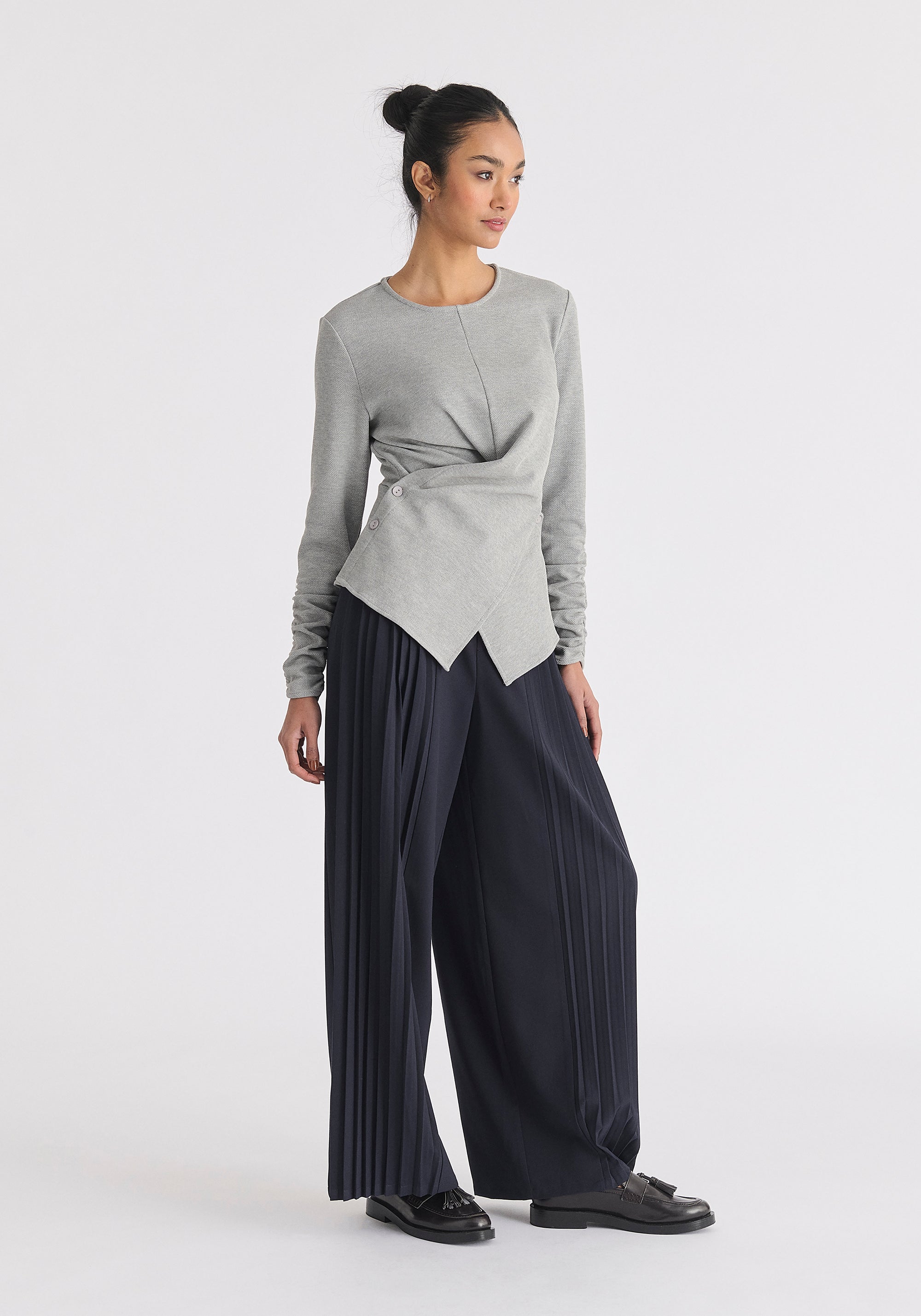 Wrap Top with Ruched Sleeve Detail in Marl Grey Side