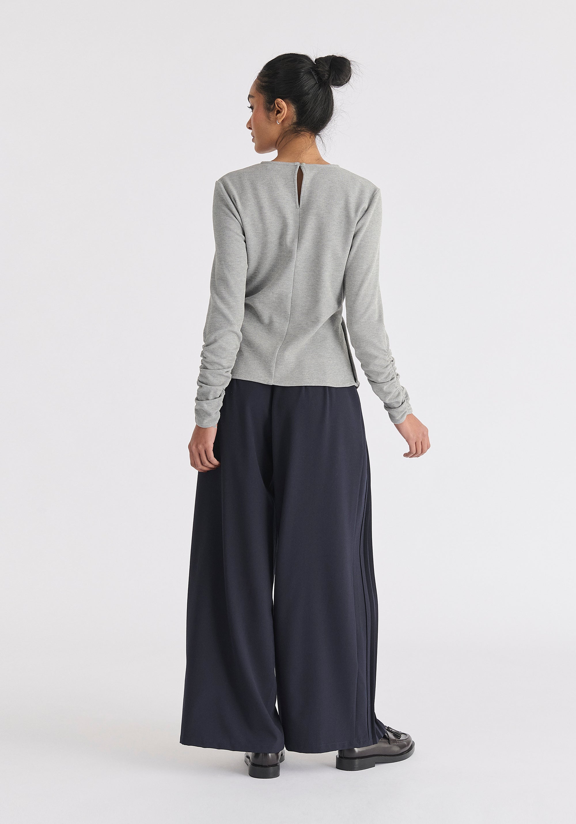 Wrap Top with Ruched Sleeve Detail in Marl Grey Back