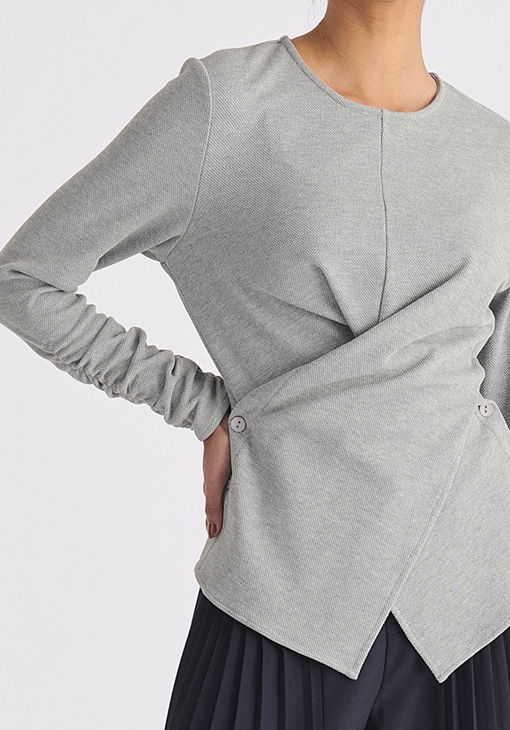 Wrap Top with Ruched Sleeve Detail in Marl Grey Close Up