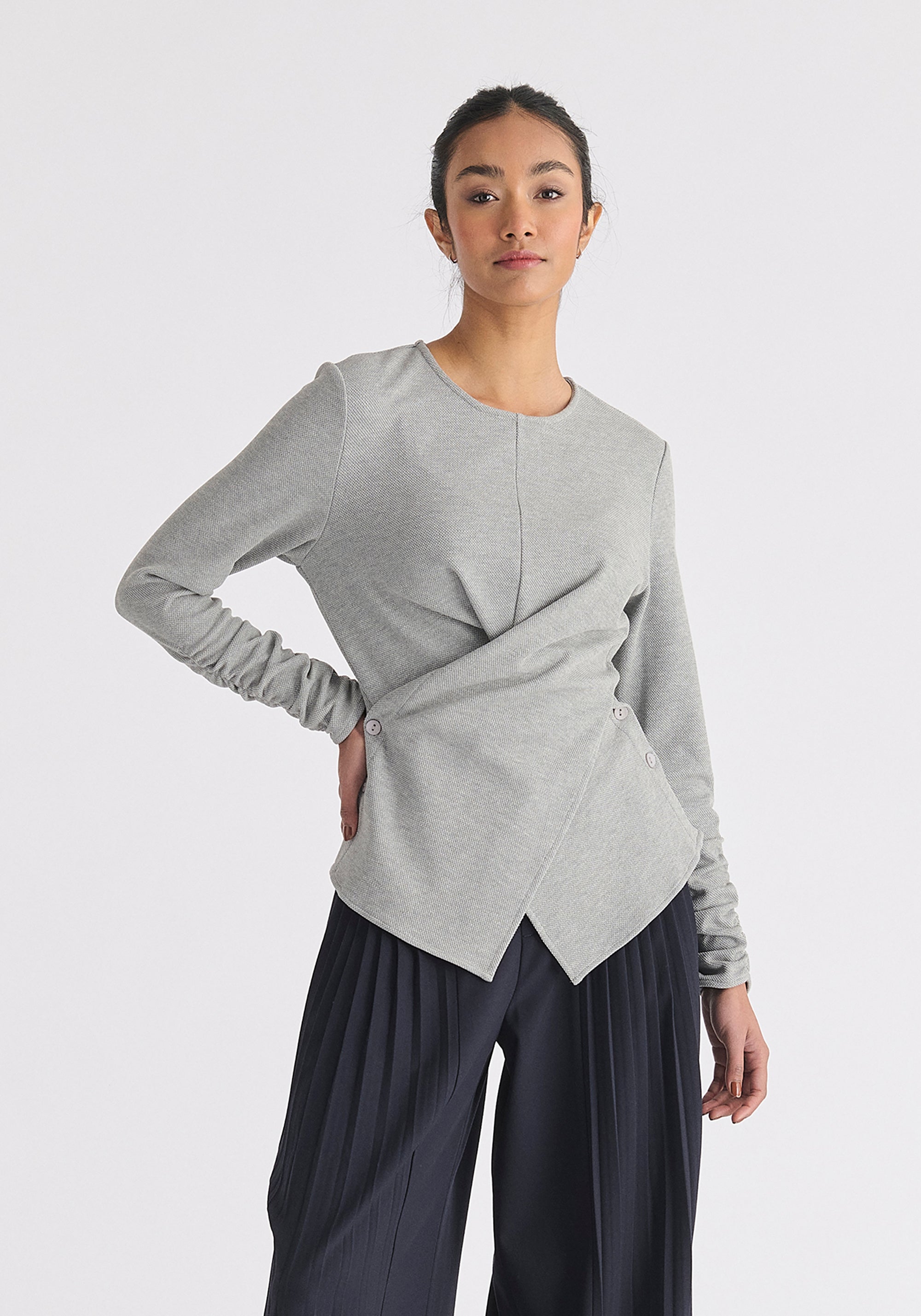 Wrap Top with Ruched Sleeve Detail in Marl Grey