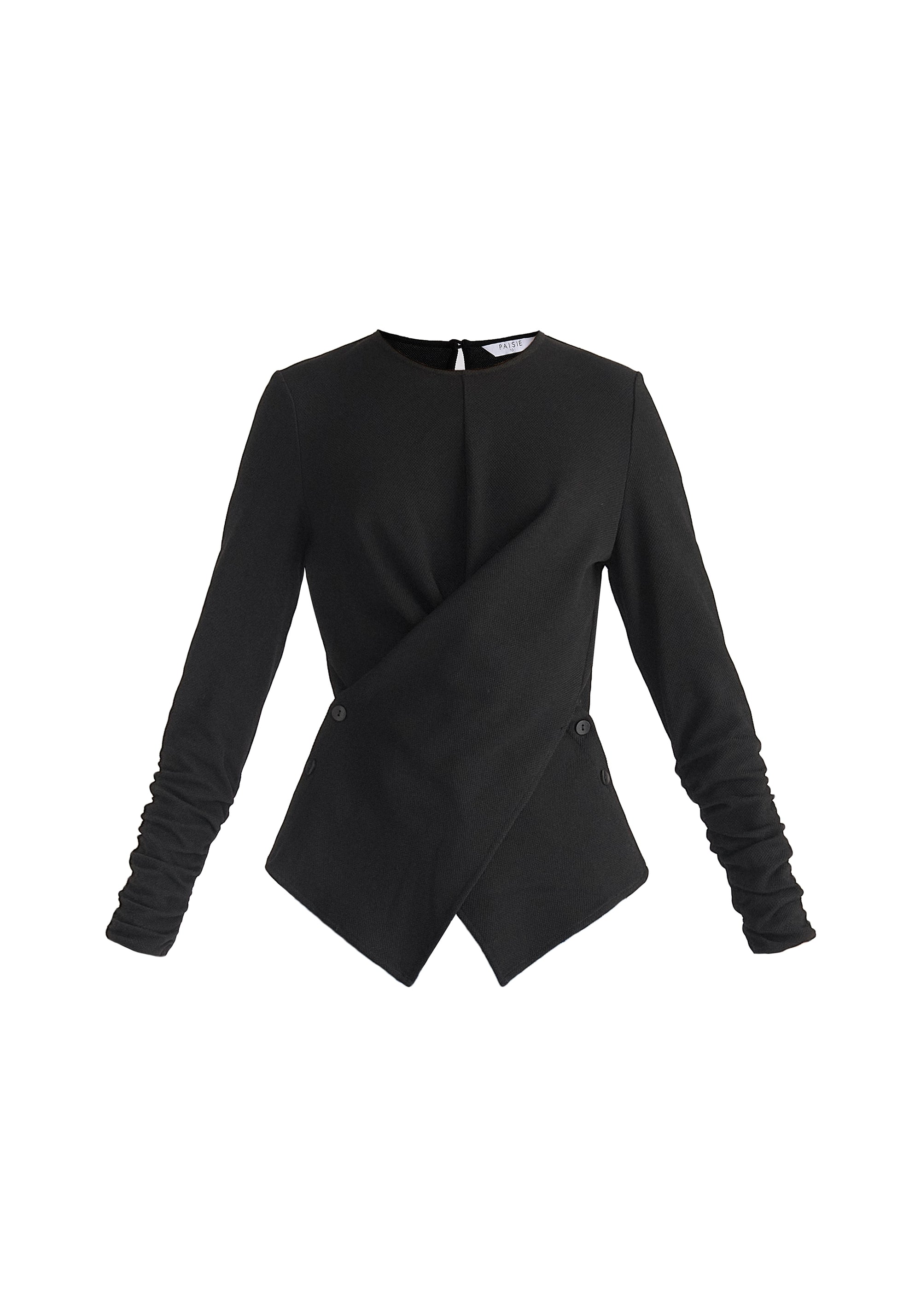 Wrap Top with Ruched Sleeve Detail in Black Cut Out