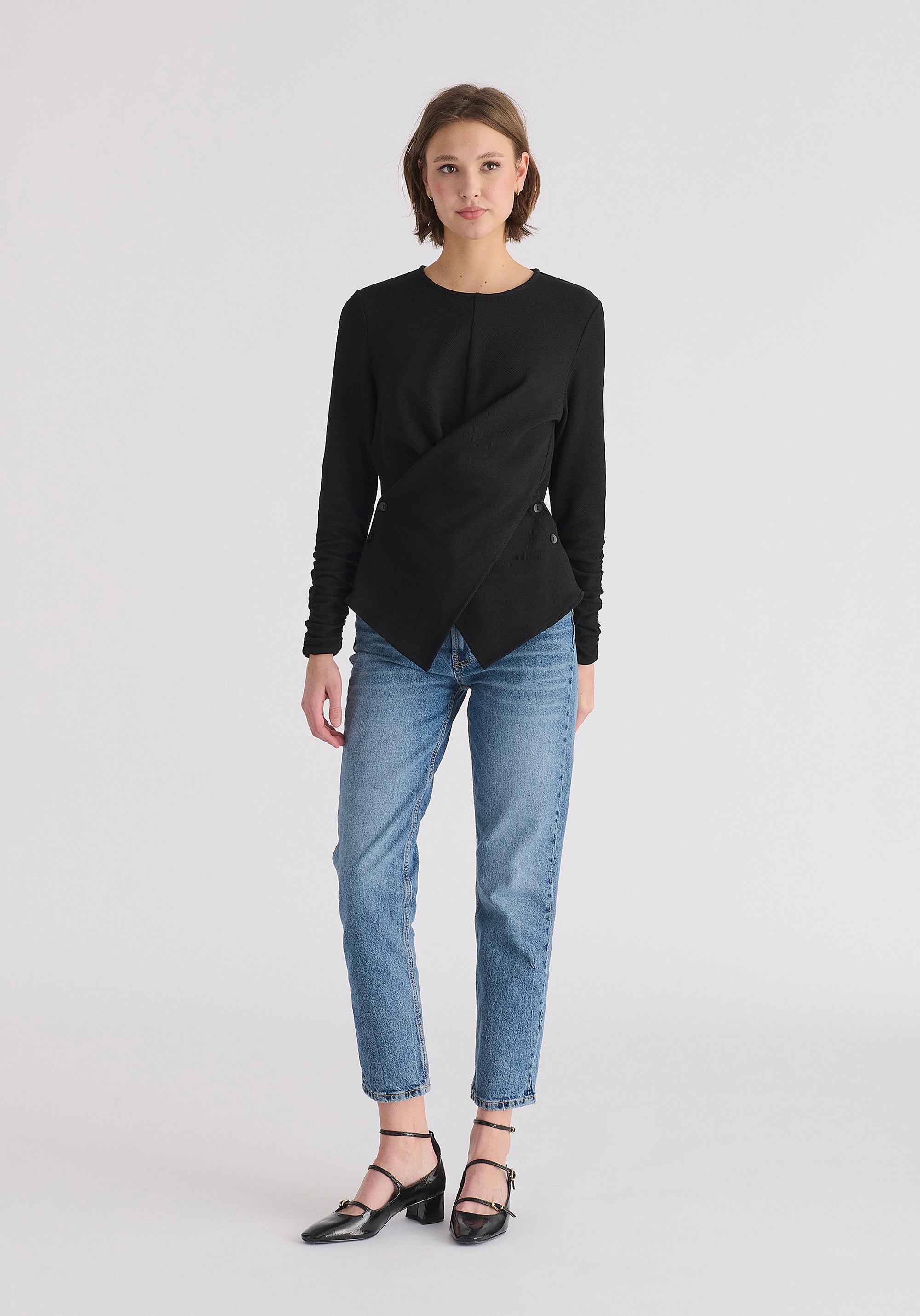 Wrap Top with Ruched Sleeve Detail in Black Front