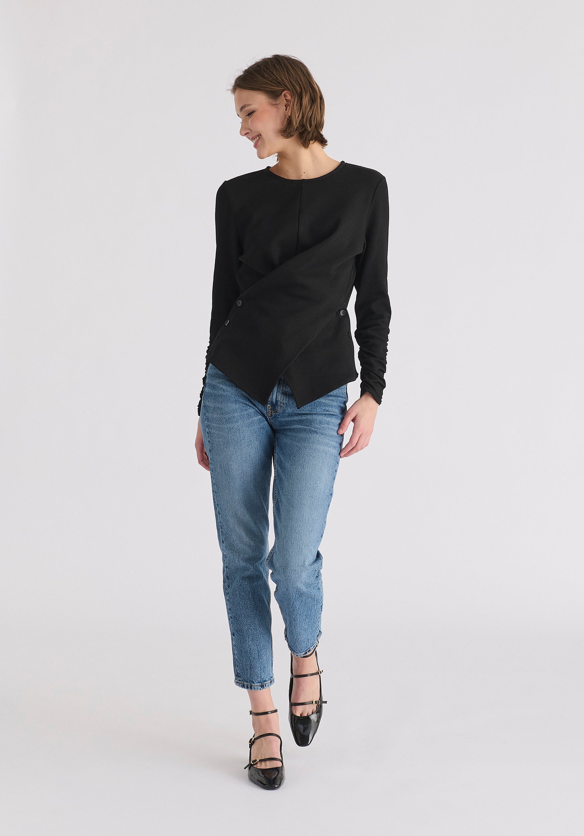 Wrap Top with Ruched Sleeve Detail in Black Front