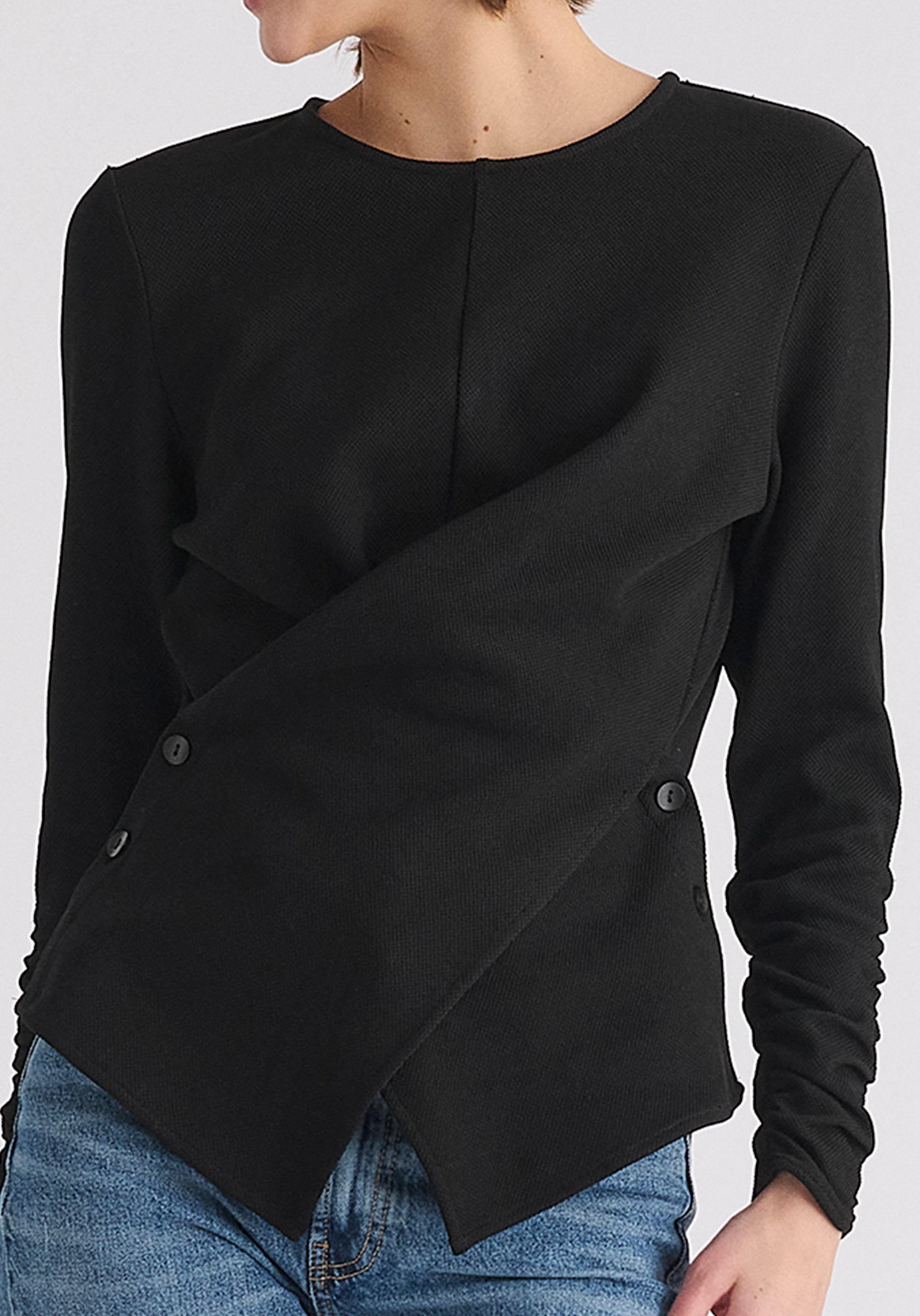 Wrap Top with Ruched Sleeve Detail in Black Close Up