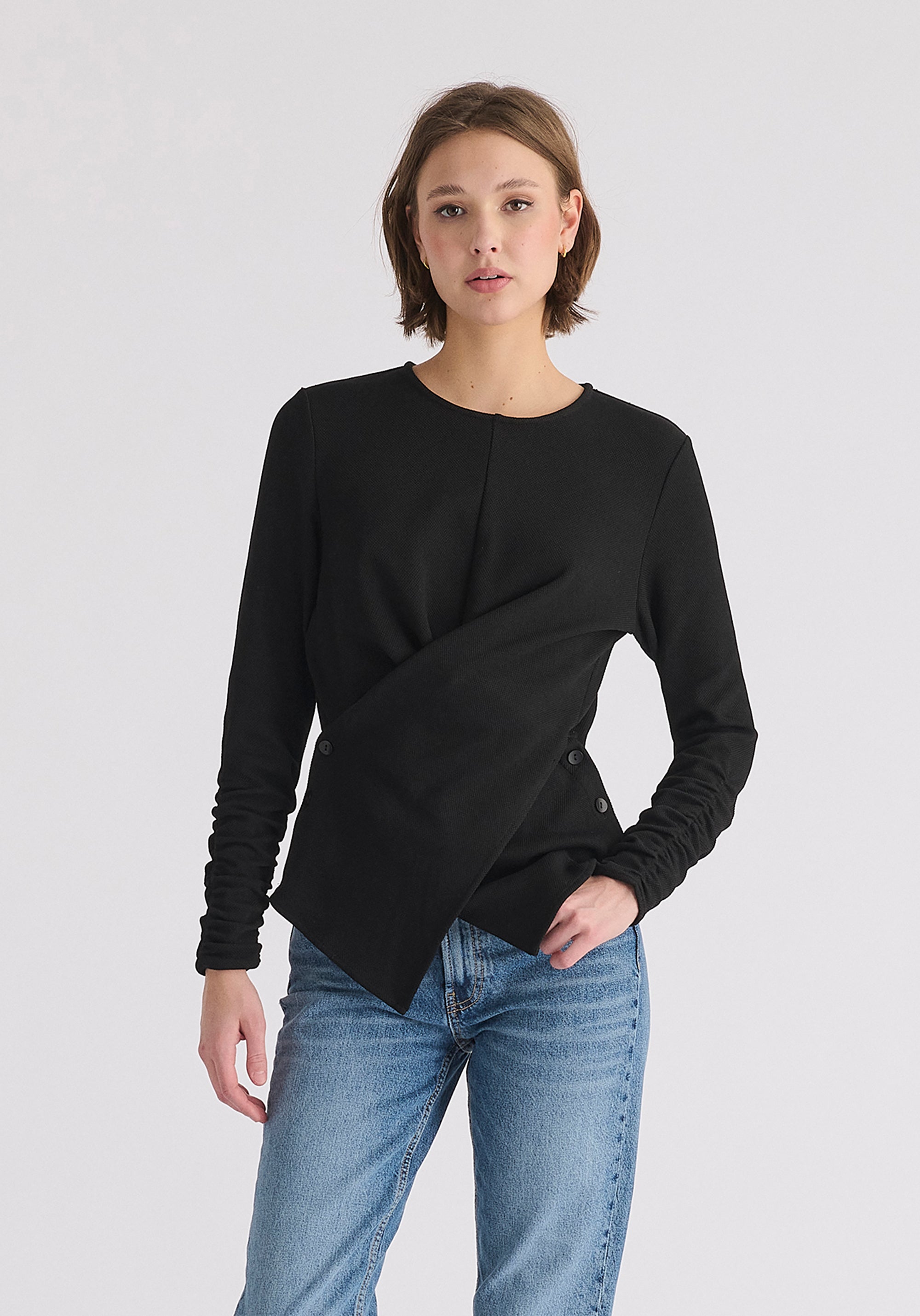 Wrap Top with Ruched Sleeve Detail in Black