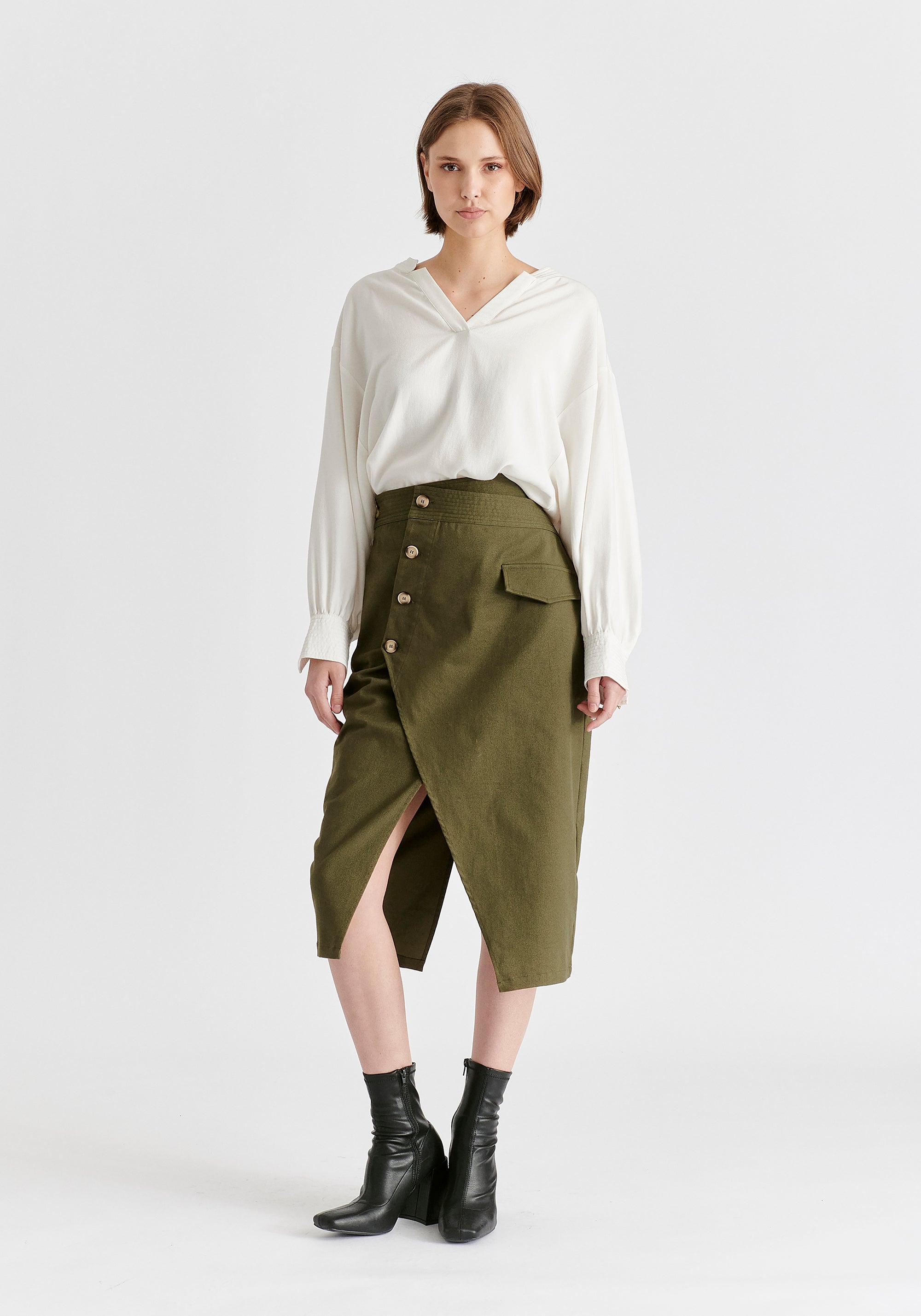 Asymmetric Midi Skirt with Button Details Front